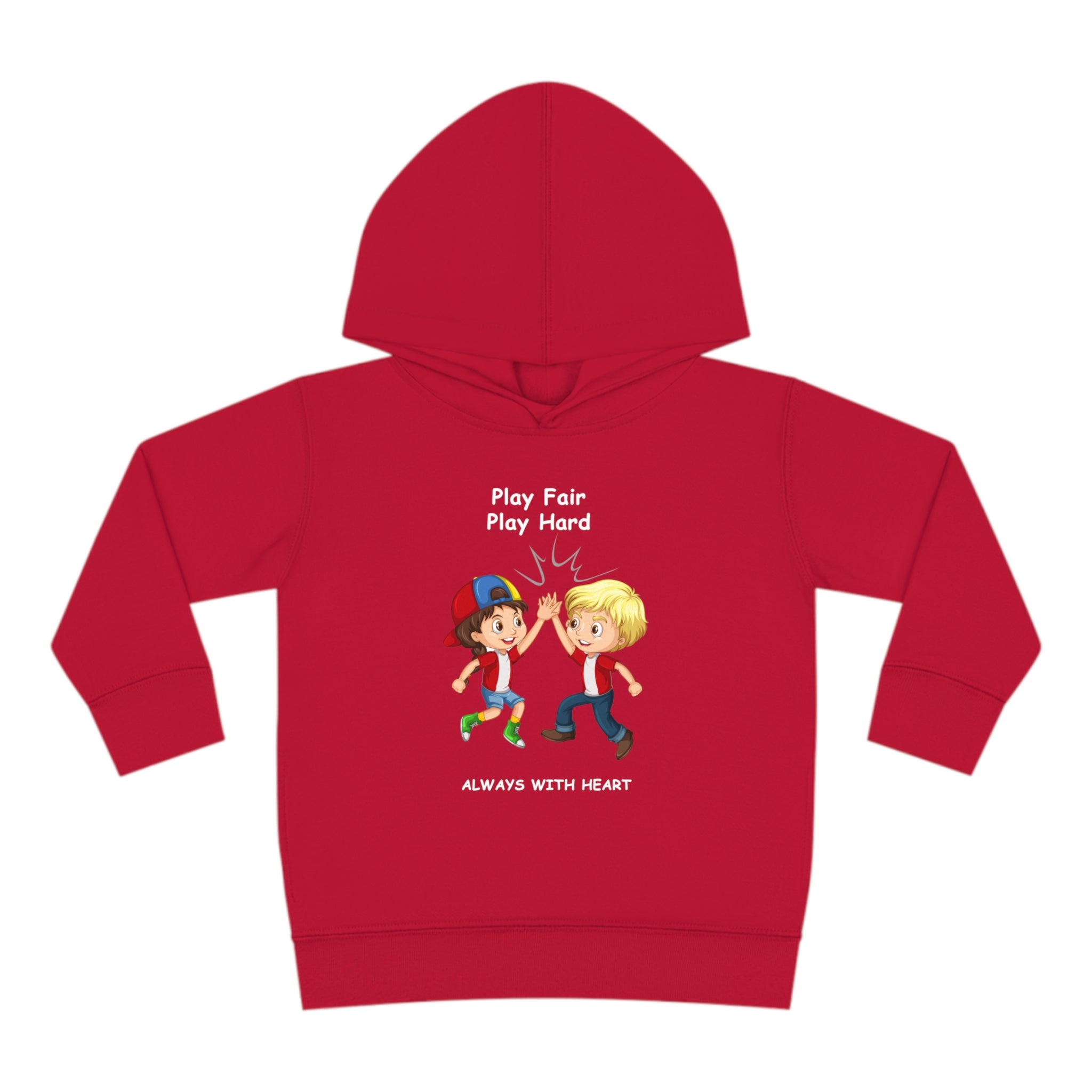Toddler unisex vintage red hoodie with " Play Fair Play Hard Always with Heart" inspired graphic