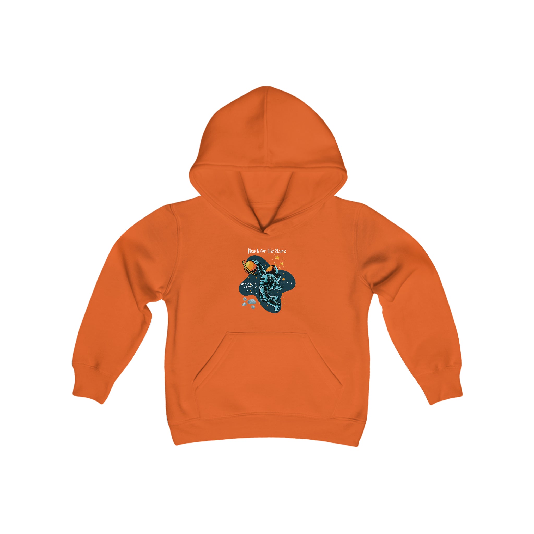 Youth unisex orange sweatshirt with "Reach for the stars but grab the moon" motivational image on front.