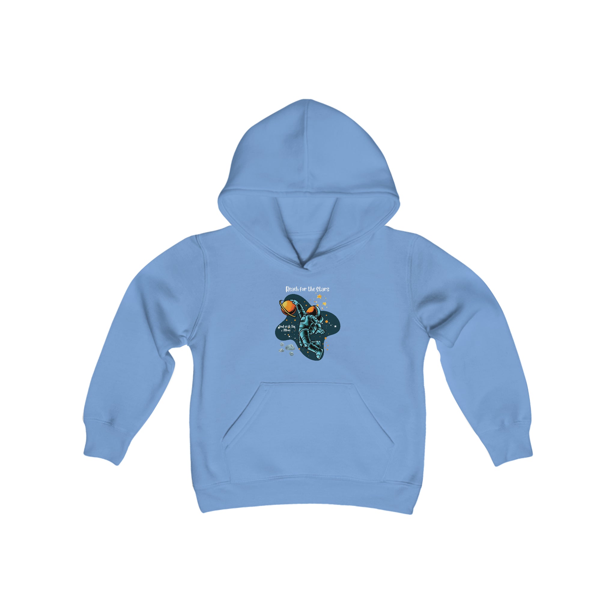 Youth unisex carolina blue sweatshirt with "Reach for the stars but grab the moon" motivational image on front.