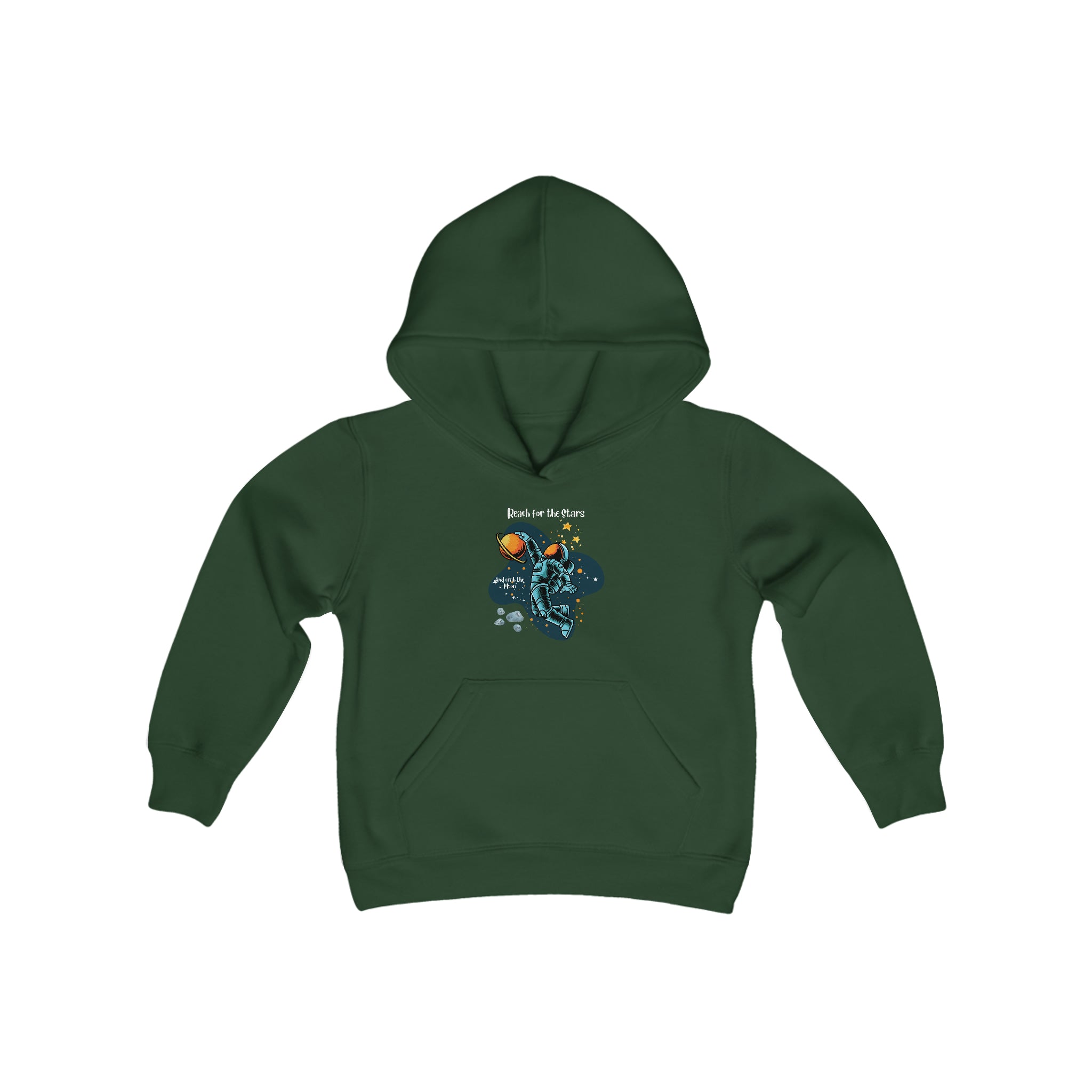 Youth unisex forest green sweatshirt with "Reach for the stars but grab the moon" motivational image on front.
