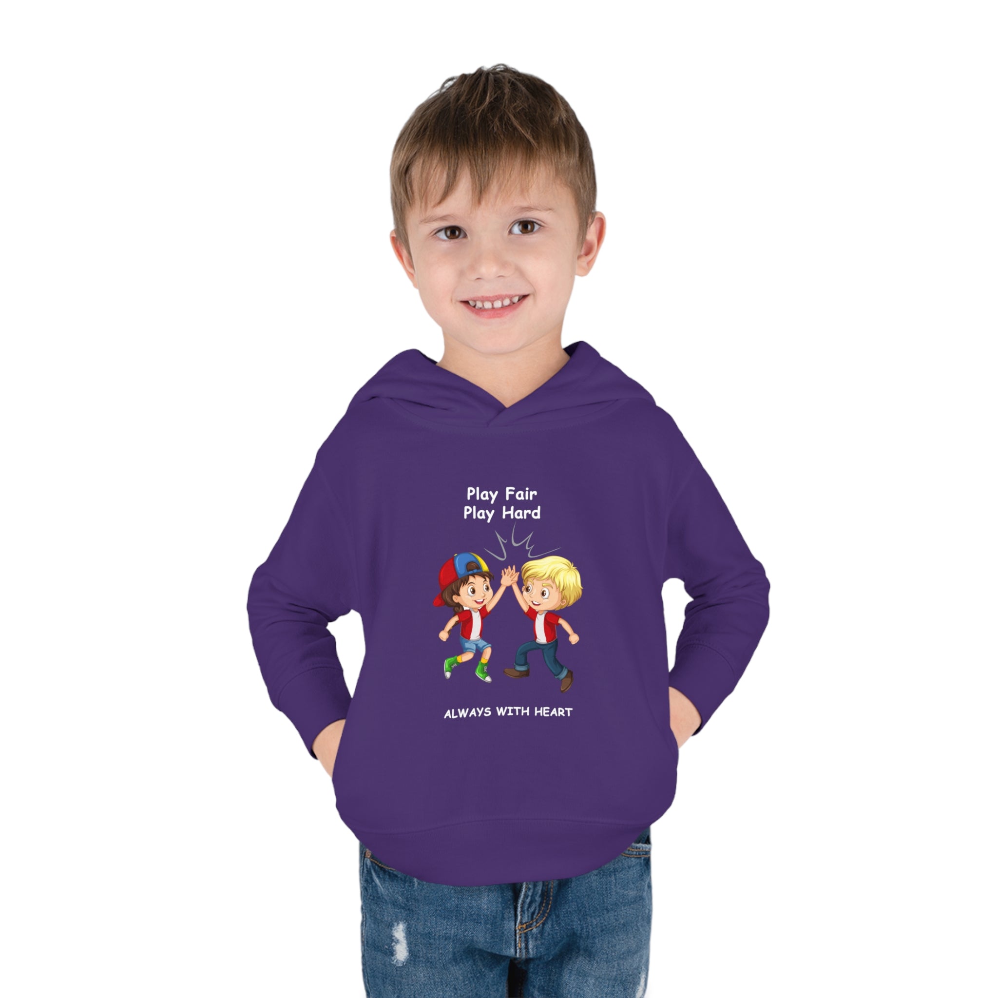 Boy Toddler wearing unisex purple hoodie with " Play Fair Play Hard Always with Heart" inspired graphic