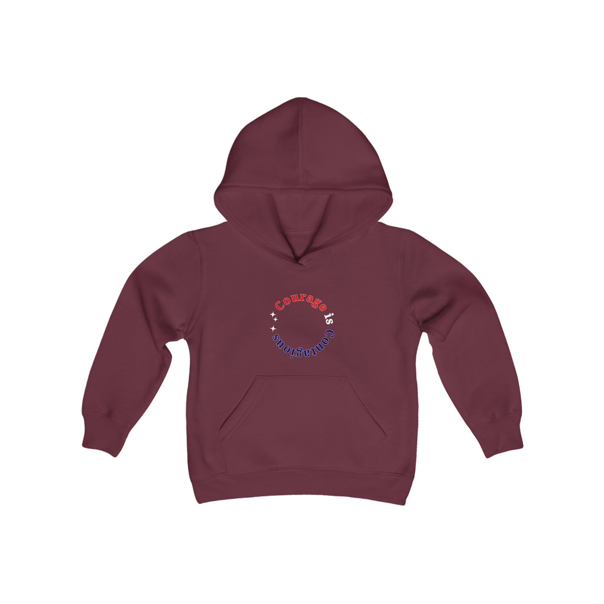 Youth unisex maroon hoodie " Courage is Contagious" inspired message on front.