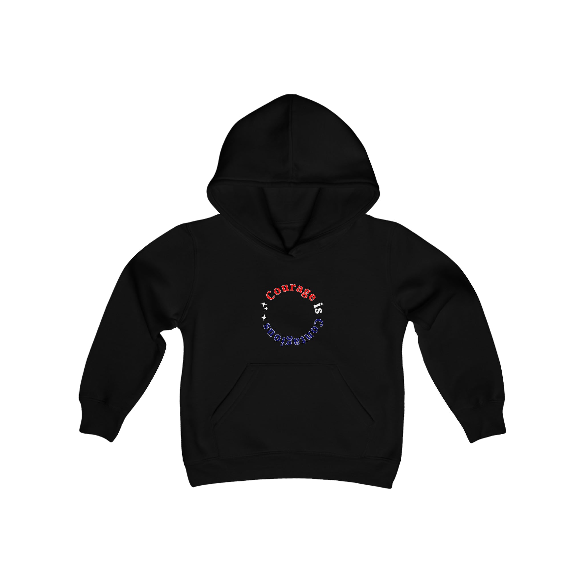 Youth unisex black hoodie " Courage is Contagious" inspired message on front.