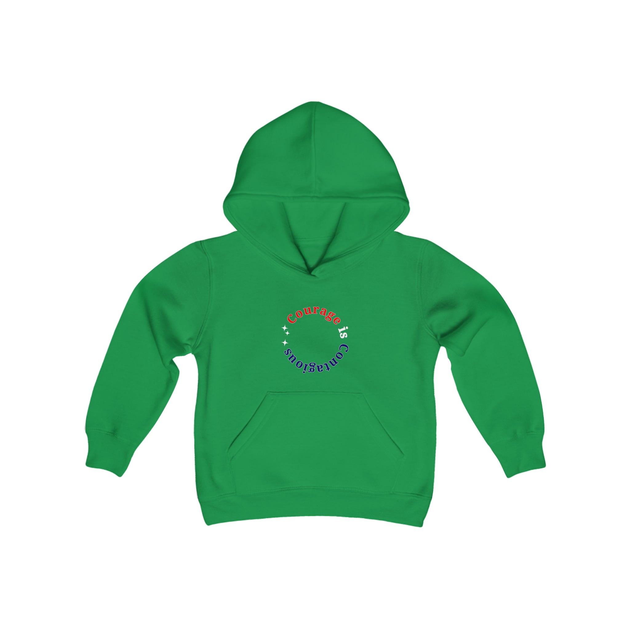 Youth unisex irish green hoodie " Courage is Contagious" inspired message on front.