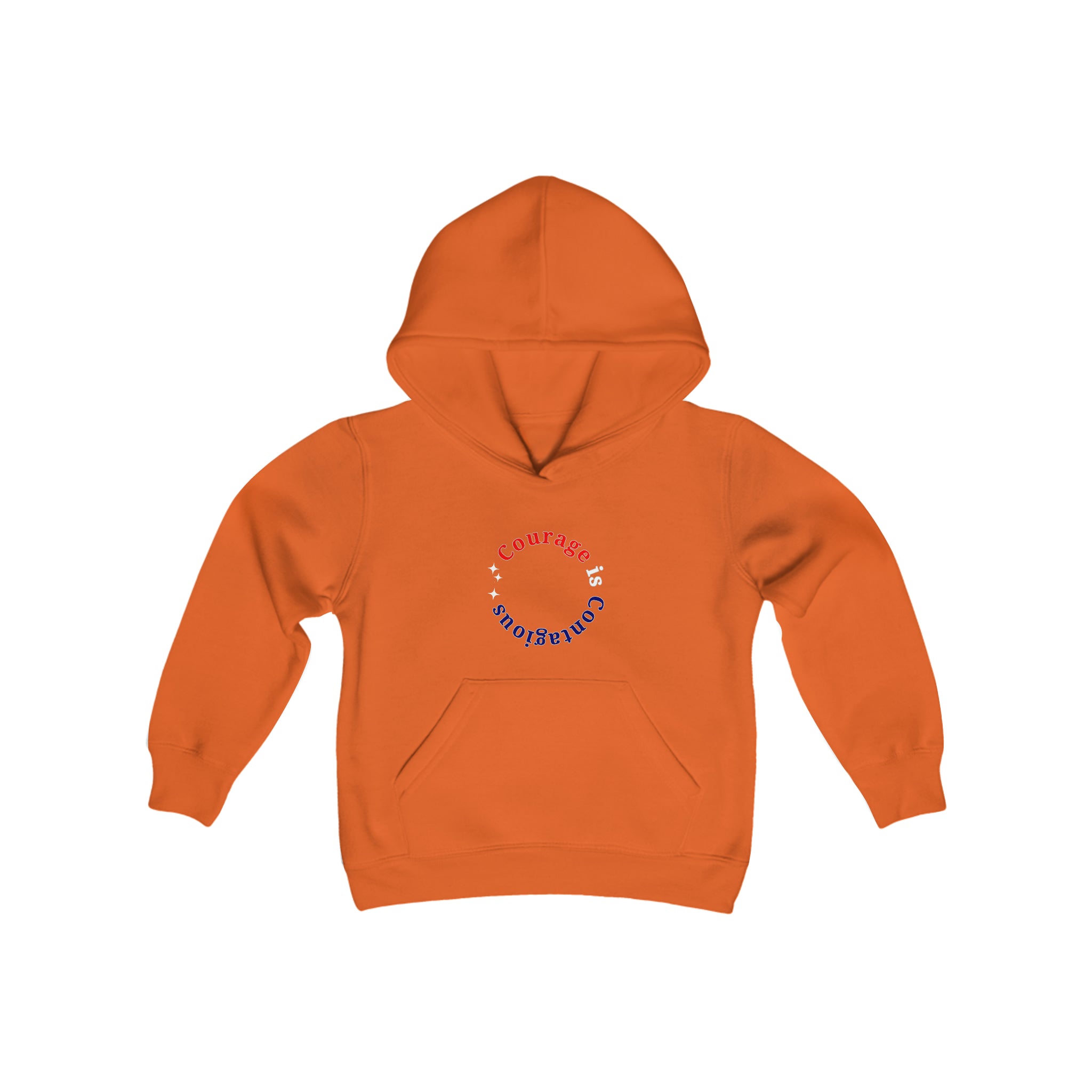 Youth unisex orange hoodie " Courage is Contagious" inspired message on front.