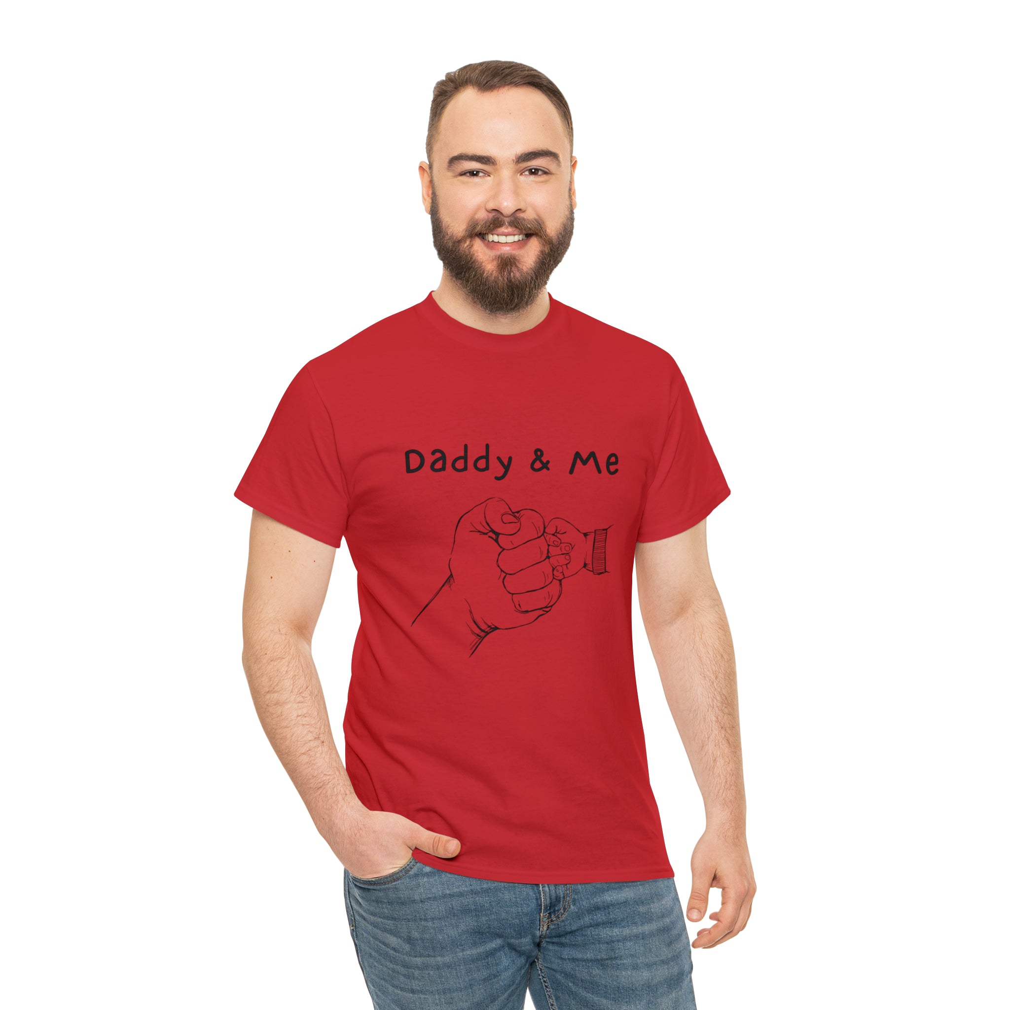 Adult man wearing red T-Shirt " Daddy & Me" with fist bumps hands on front.