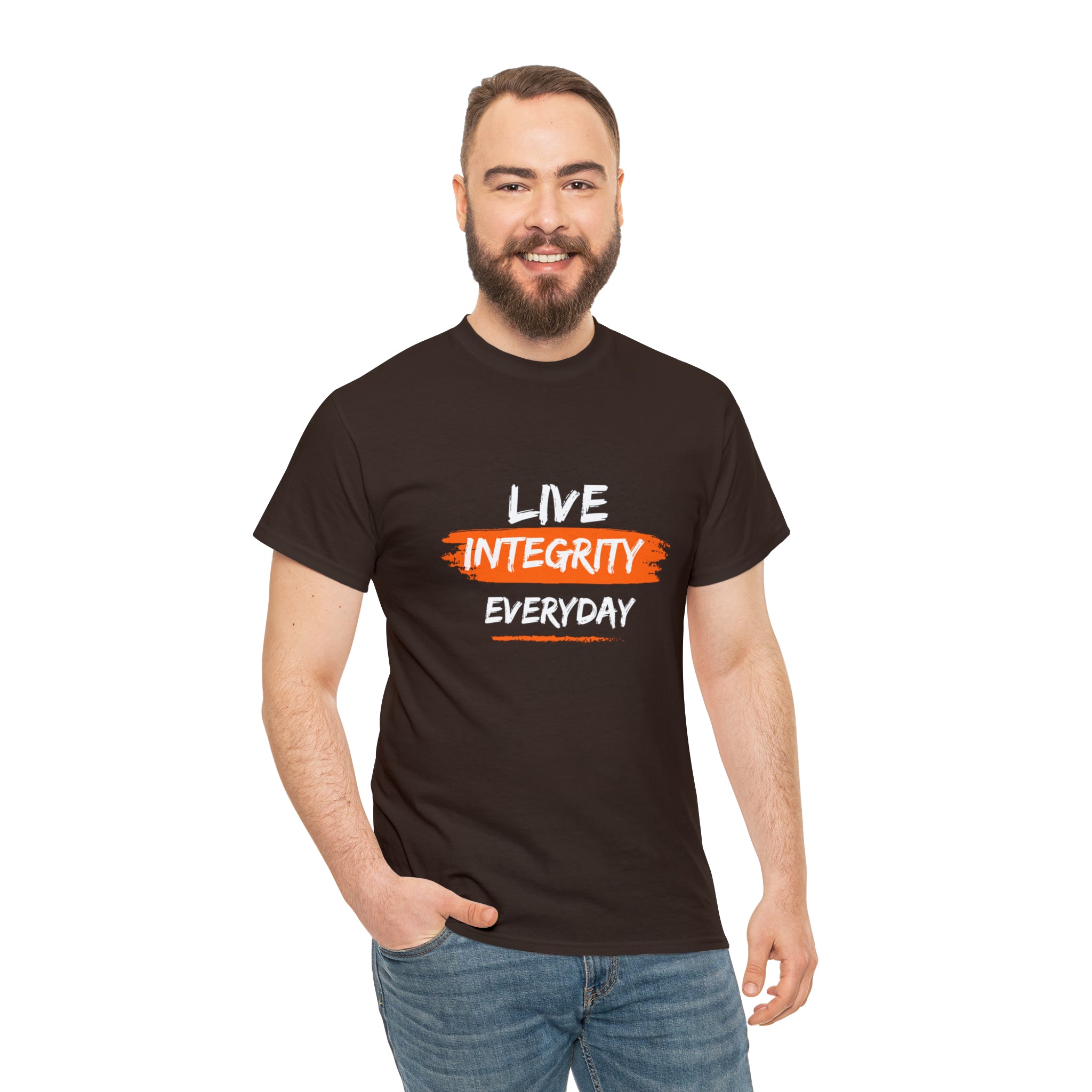 Adult male wearing dark chocolate  T-Shirt " Live Integrity Everyday" inspired images