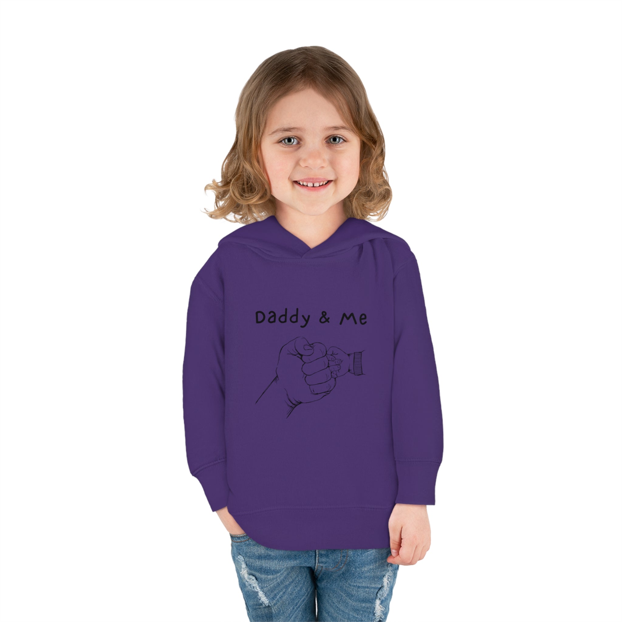 Toddler girl purple hoodie " Daddy & Me" with fist bumps hands on front.