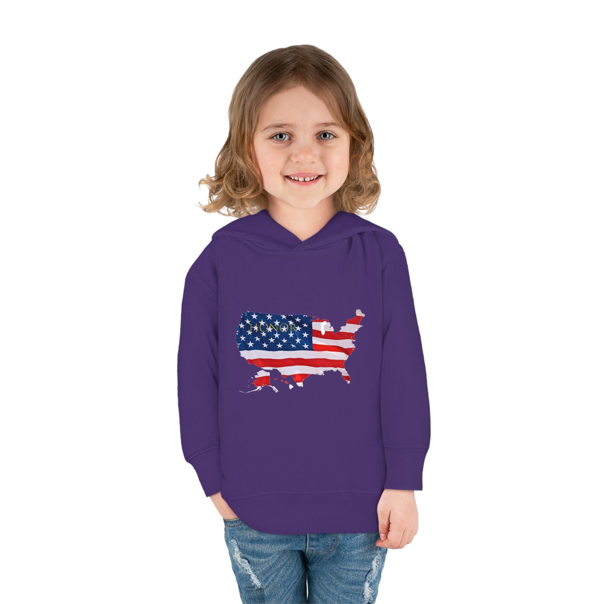 Toddler Girl wearing purple Hoodie with "Honor USA" inspired American as a Flag graphic on front.