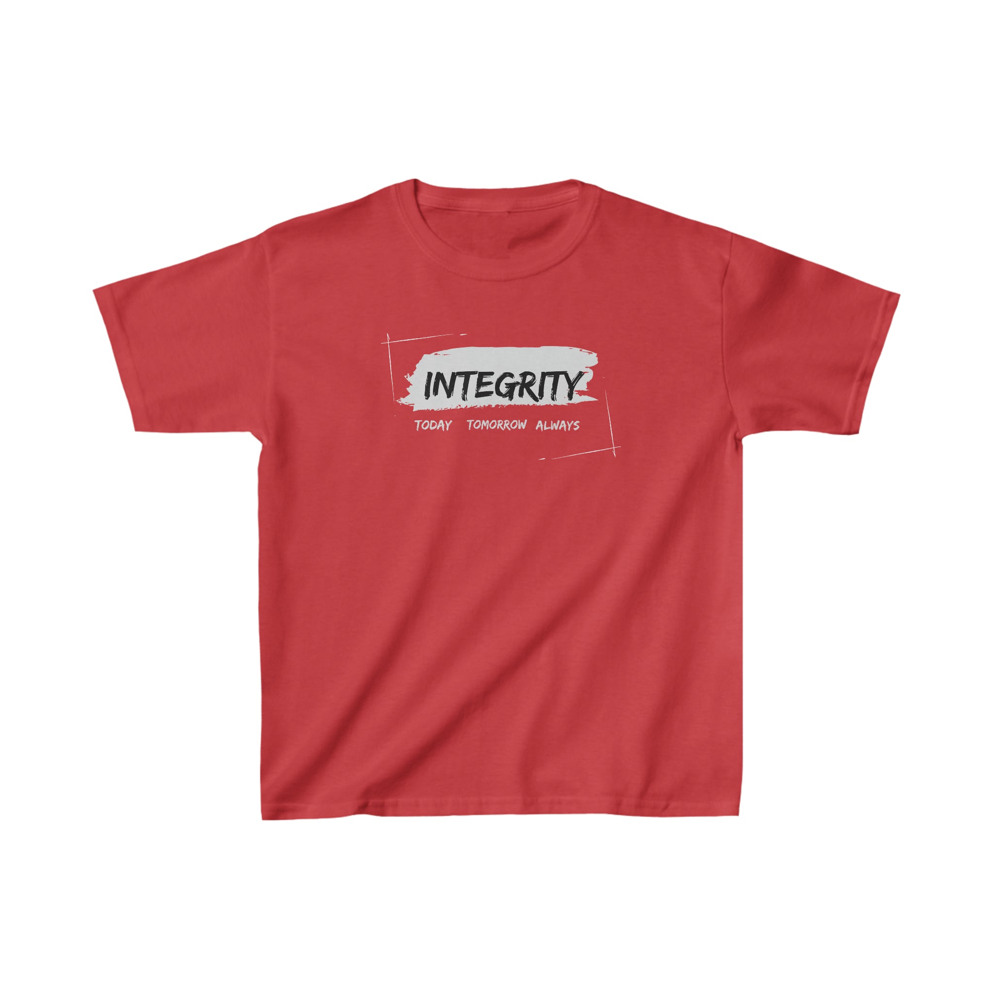 Youth boy wearing red T-Shirt " Integrity Today Tomorrow Always" inspired image.