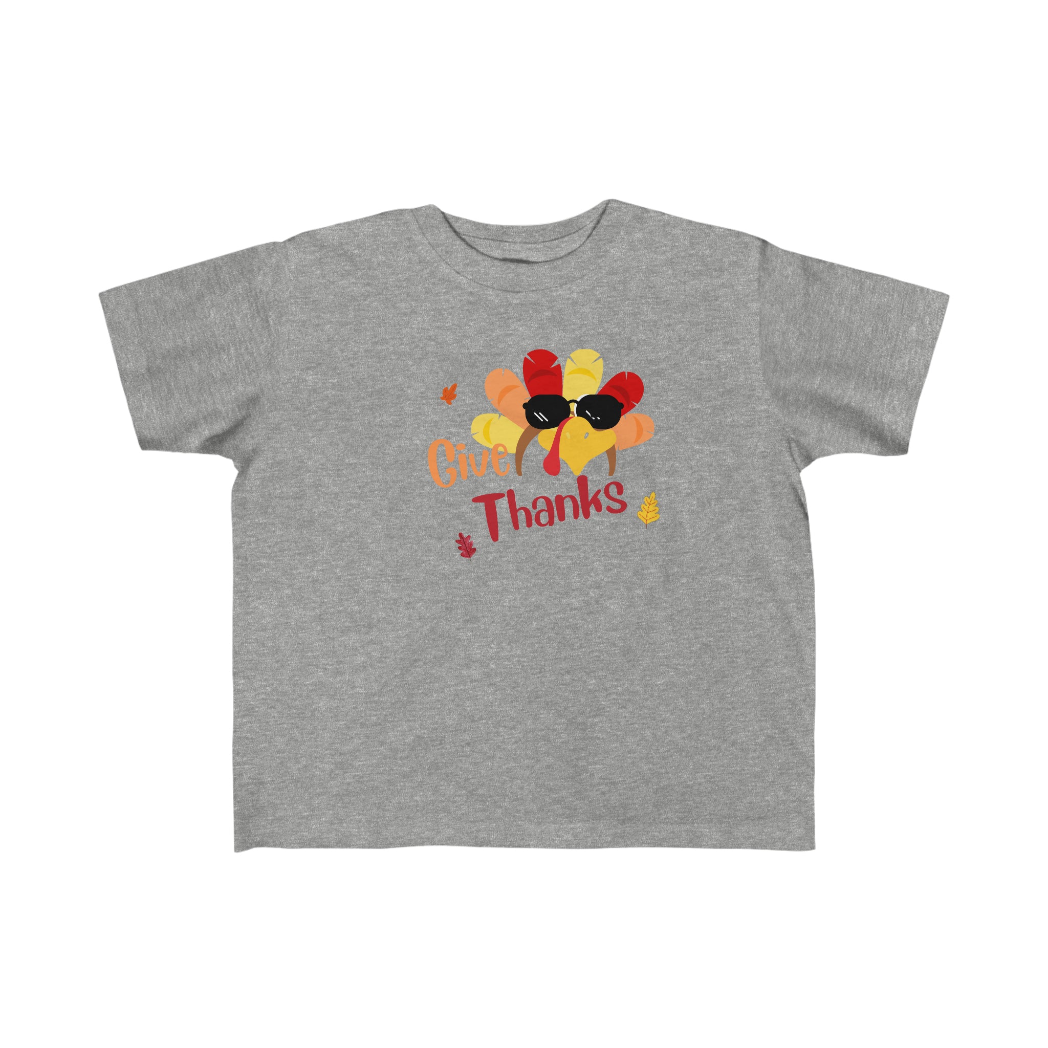 Toddler unisex wearing sports grey  T-Shirt " Give Thanks" with Turkey head on front.