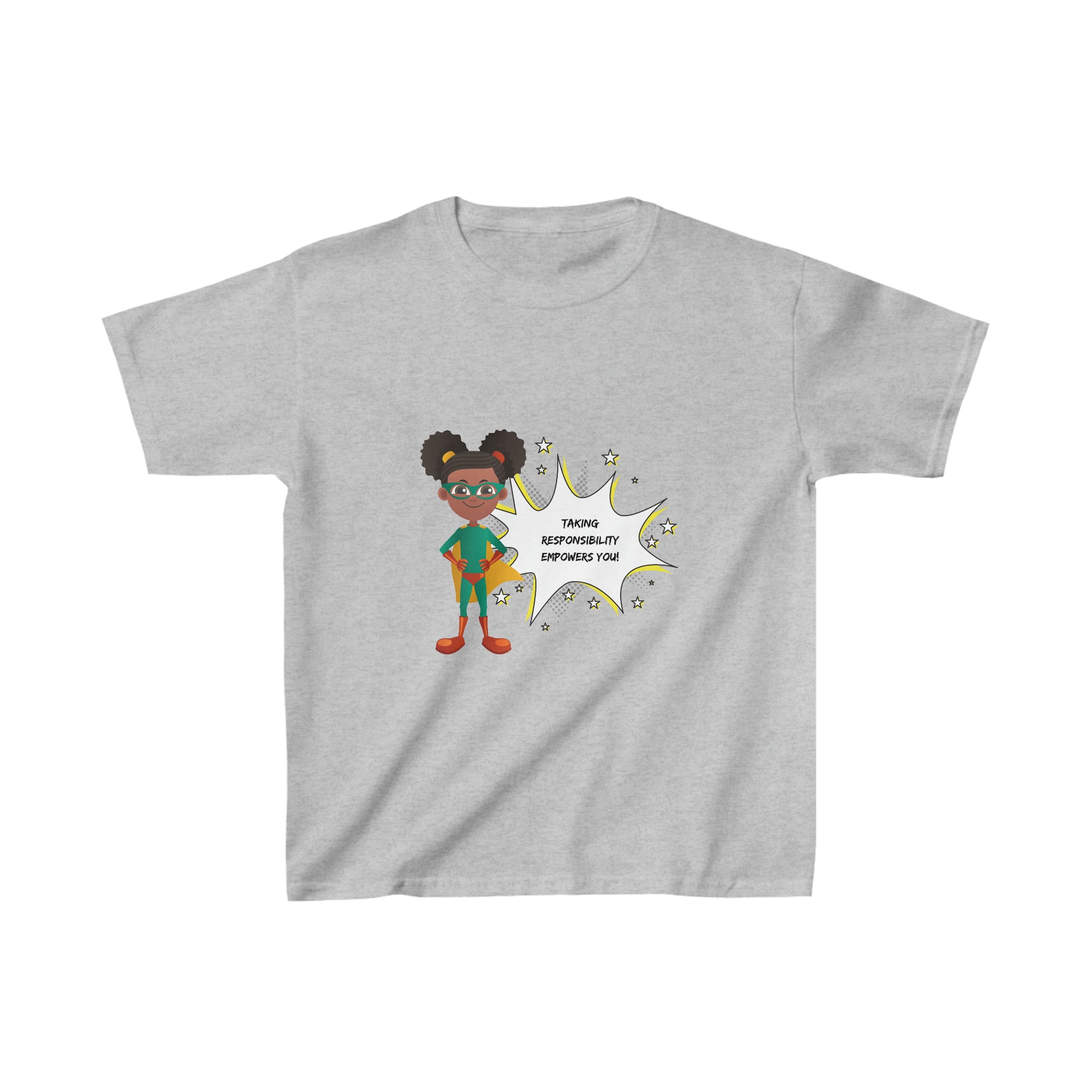 Youth Girl sports grey T-shirt with " Taking responsibility empower you" motivational graphic on front.