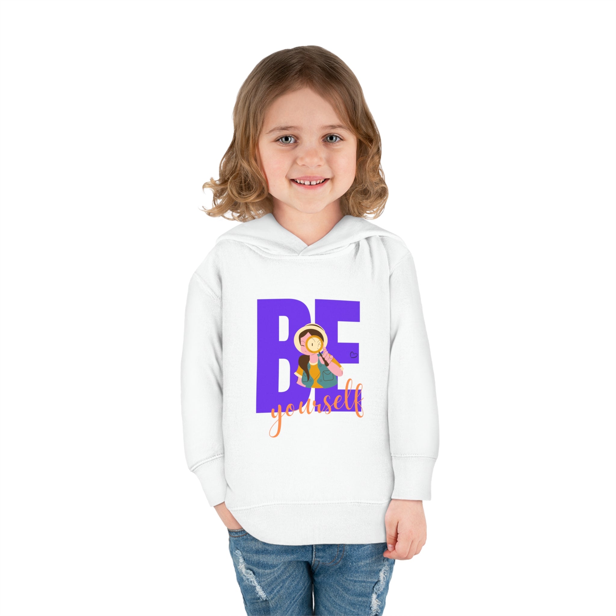Toddler girls wearing white hoodie with "Be Yourself" motivational image on front.