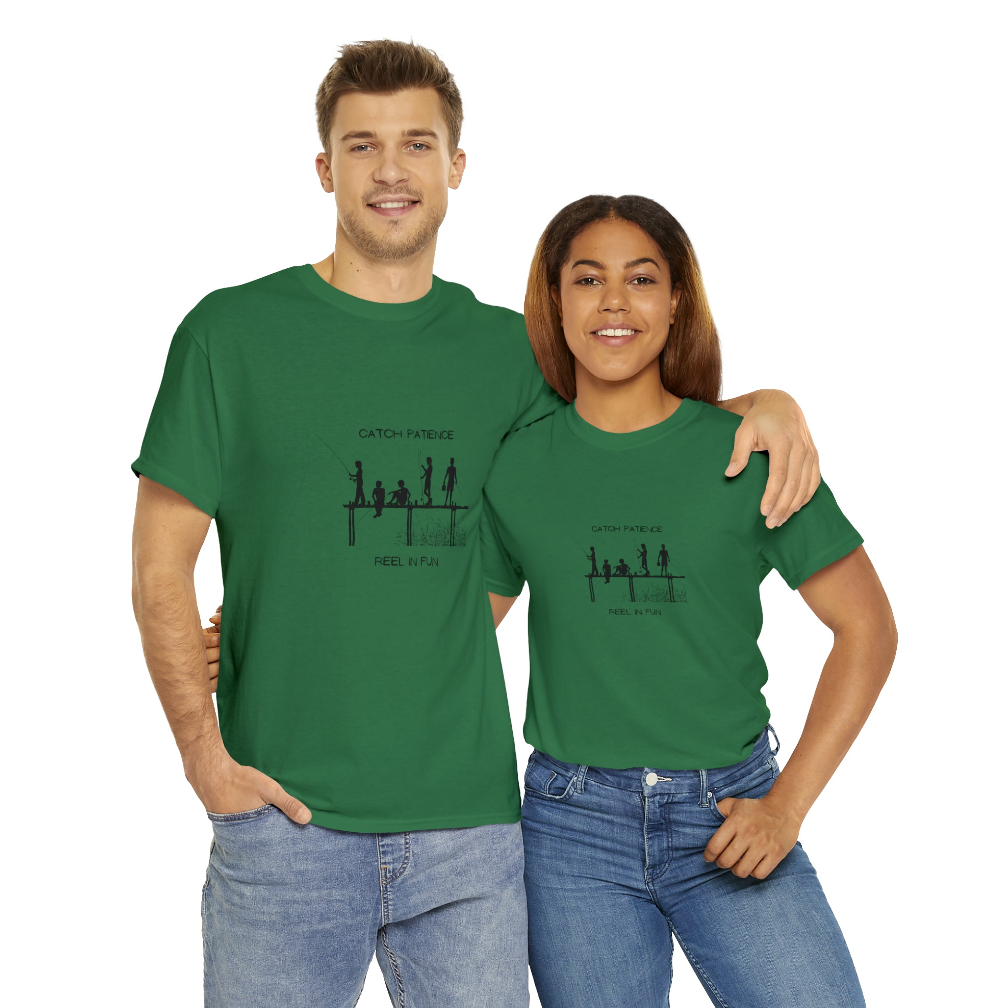 Adult female & male wearing irish green T-shirt with "Catch Patience Reel in Fun" inspired graphic of people fishing.