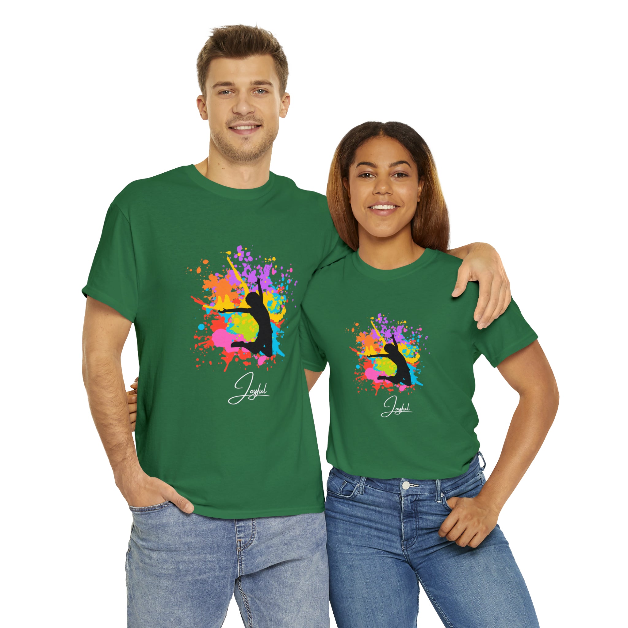 Adult Male and Female wearing kelly  green T-Shirts with" Joyful" inspired graphic on front.