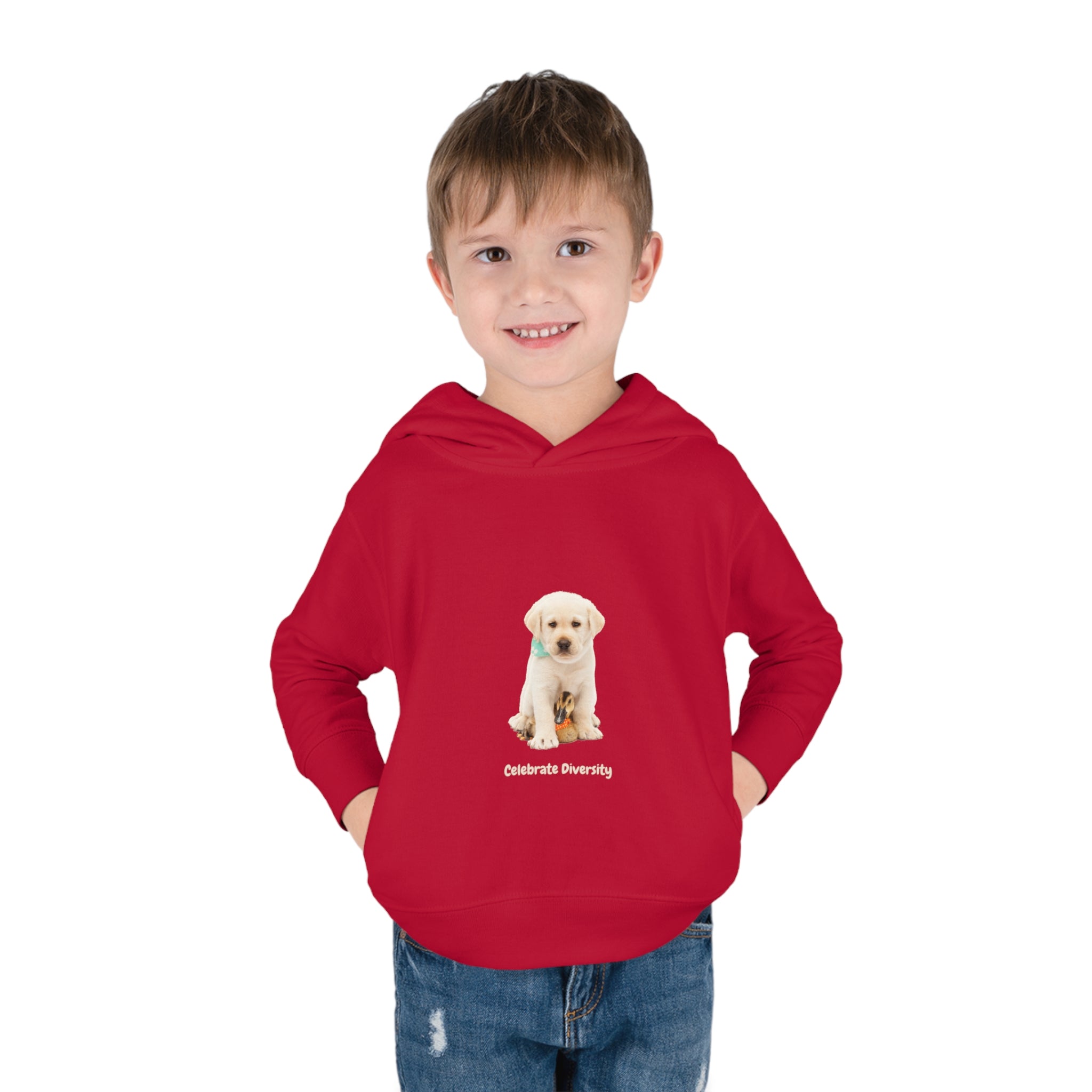 Toddler boy wearing vintage red unisex hoodie with "Celebrate Diversity" inspired graphic with puppy and duck on front.