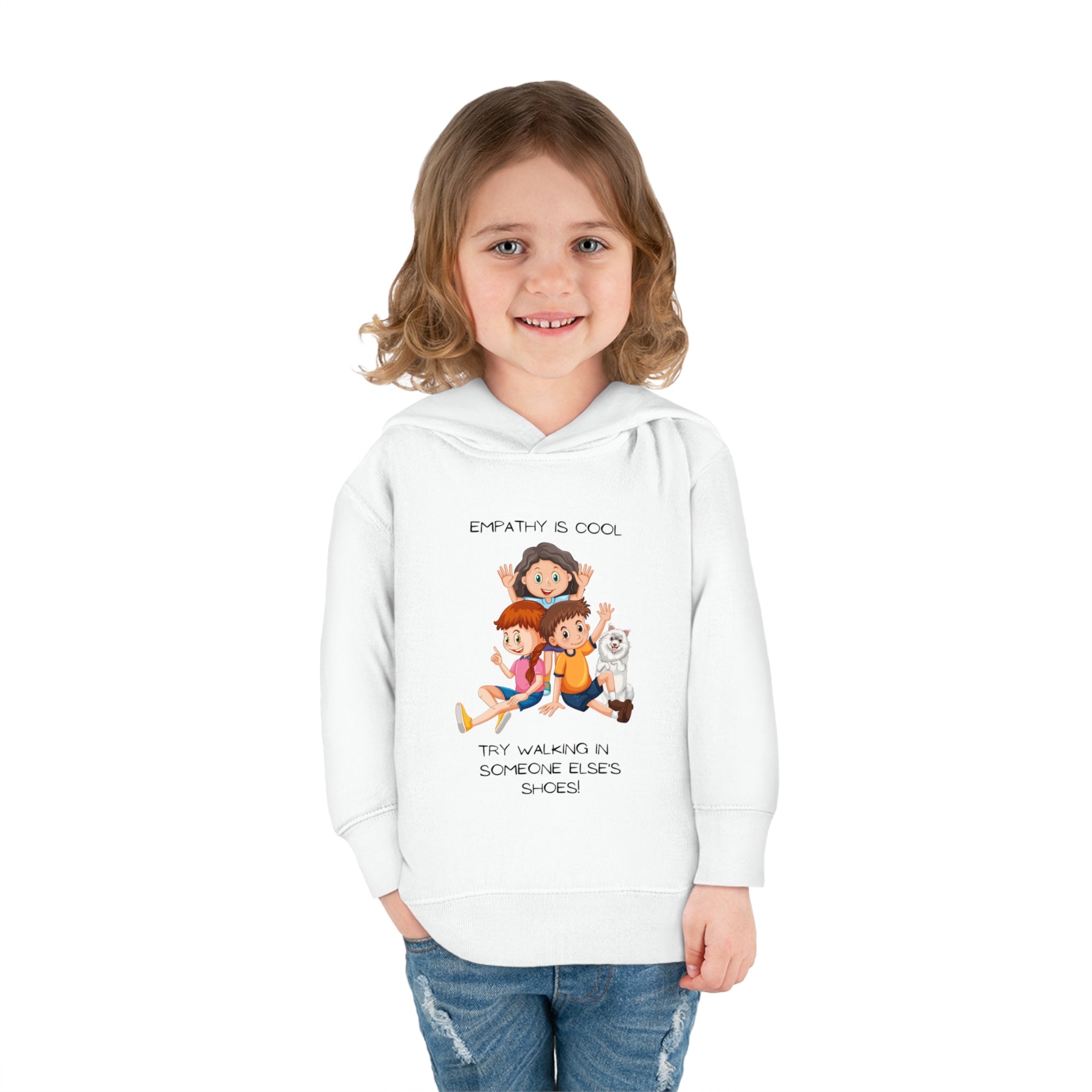 Toddler girl wearing white hoodie " Empathy Is Cool Try Walking In Someone Else's Shoes" Inspired message on front.