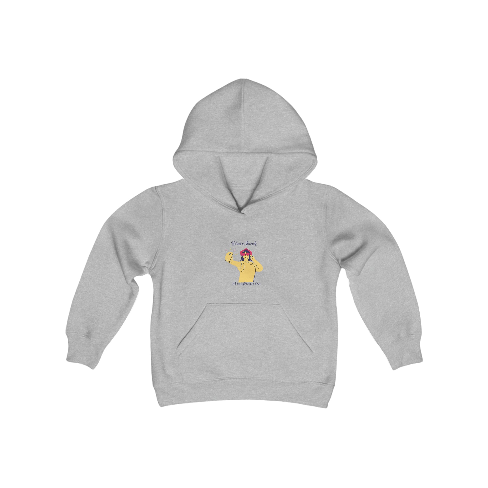 Youth girl sports grey hoodie with "Believe In Yourself Achieve anything your desire" motivational image on front.