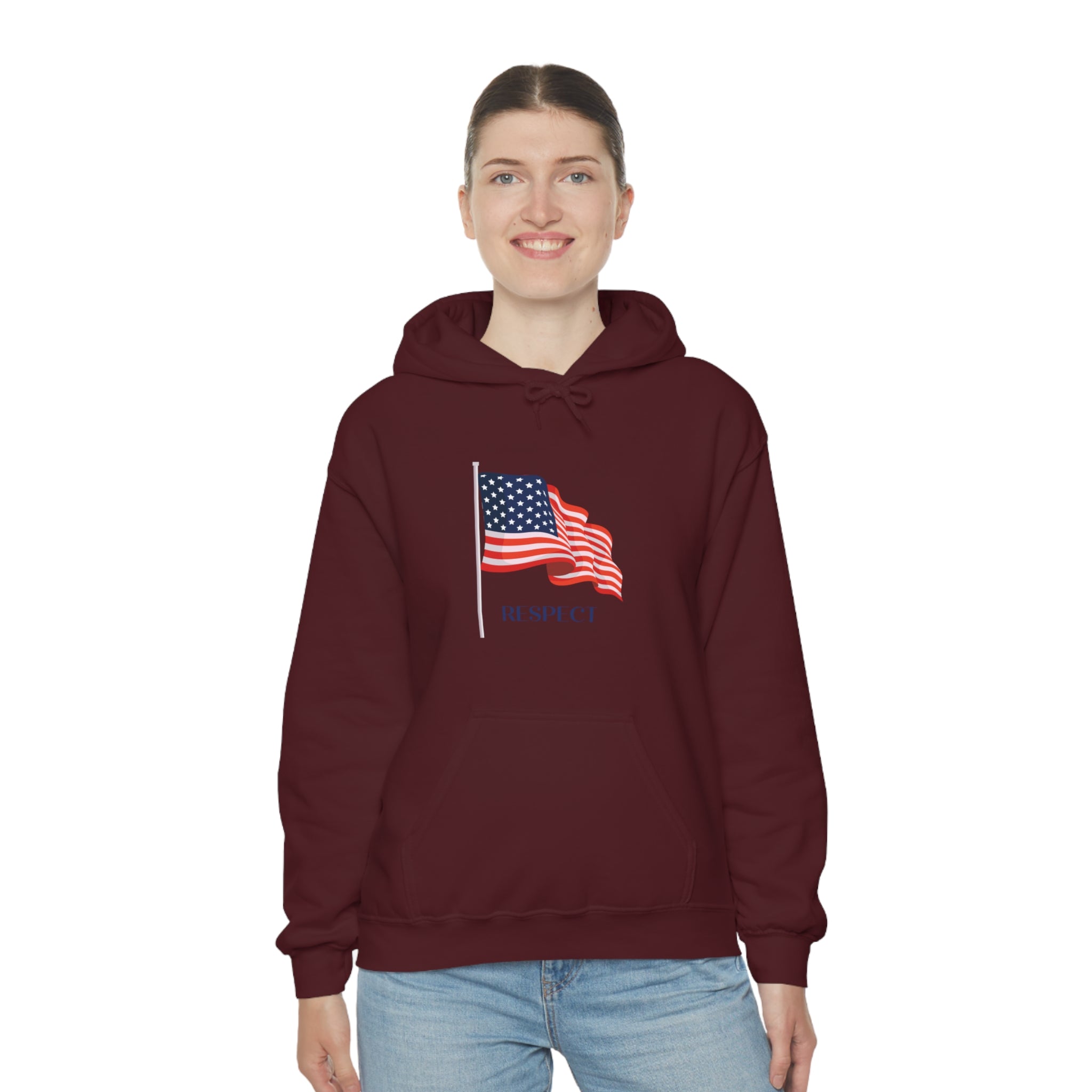 Adult female wearing maroon hoodie with "Respect" inspired American Flag on front.
