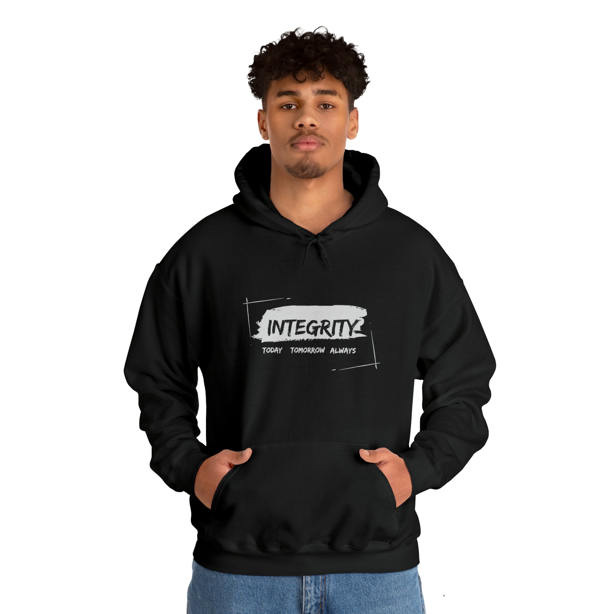 Adult male wearing Unisex black hoodie " Integrity Today Tomorrow Always" inspired image.