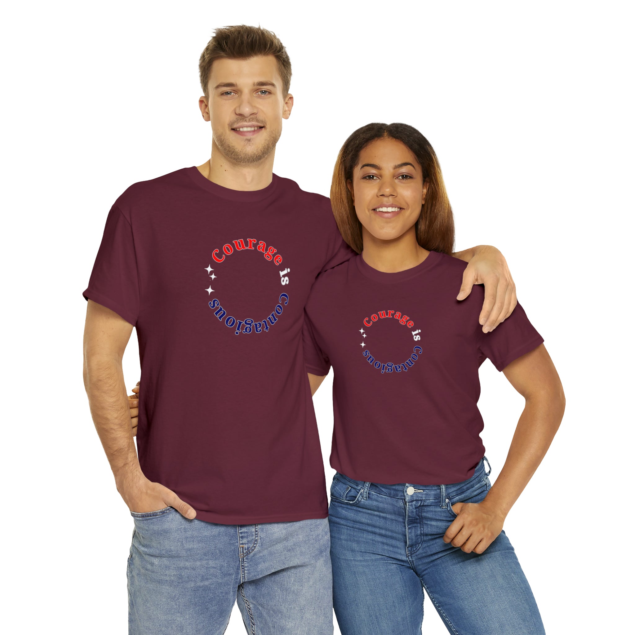 Adult Man and Women wearing maroon T-Shirt " Courage is Contagious" inspired message on front.