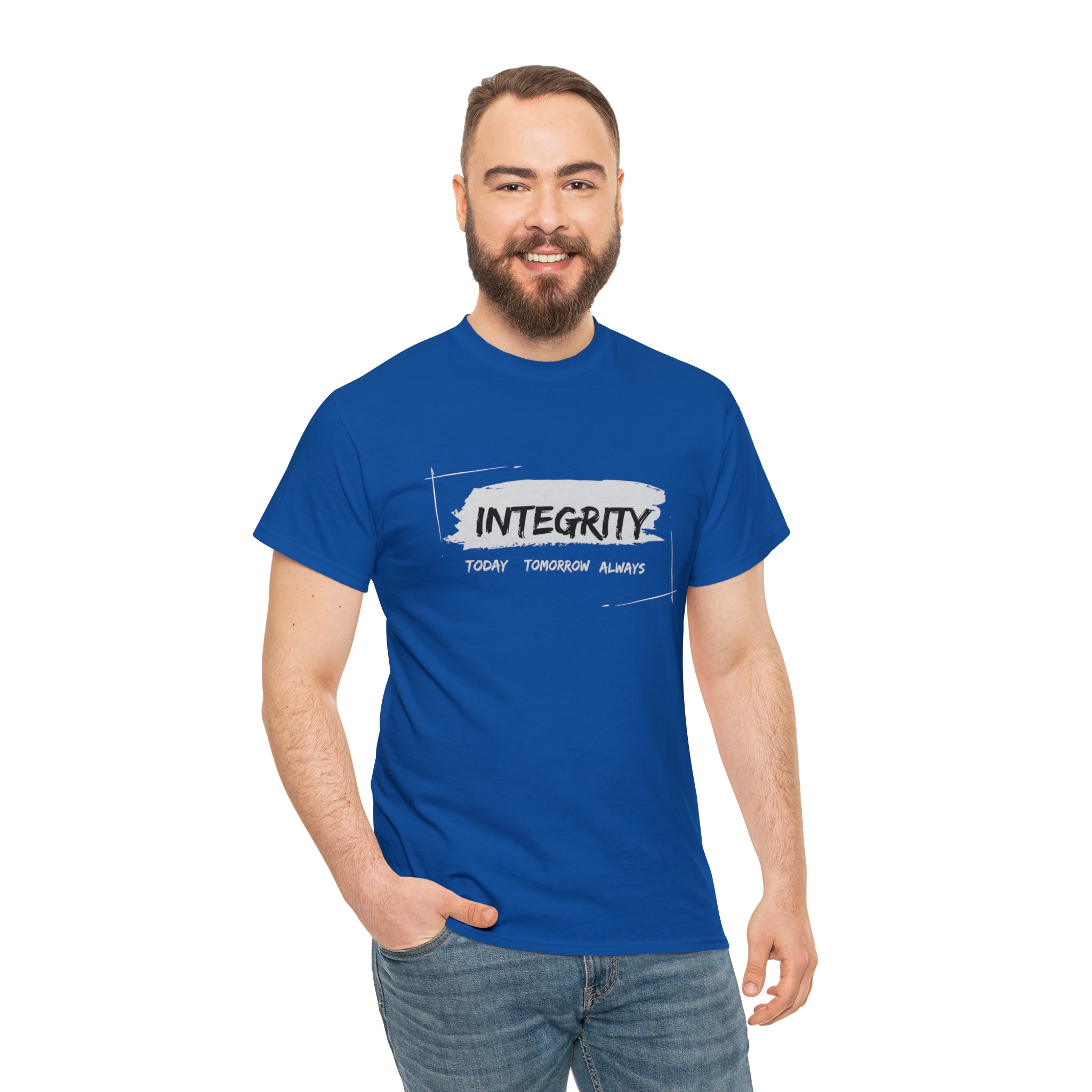 Adult man wearing royal T-Shirt " Integrity Today Tomorrow Always" inspired image.