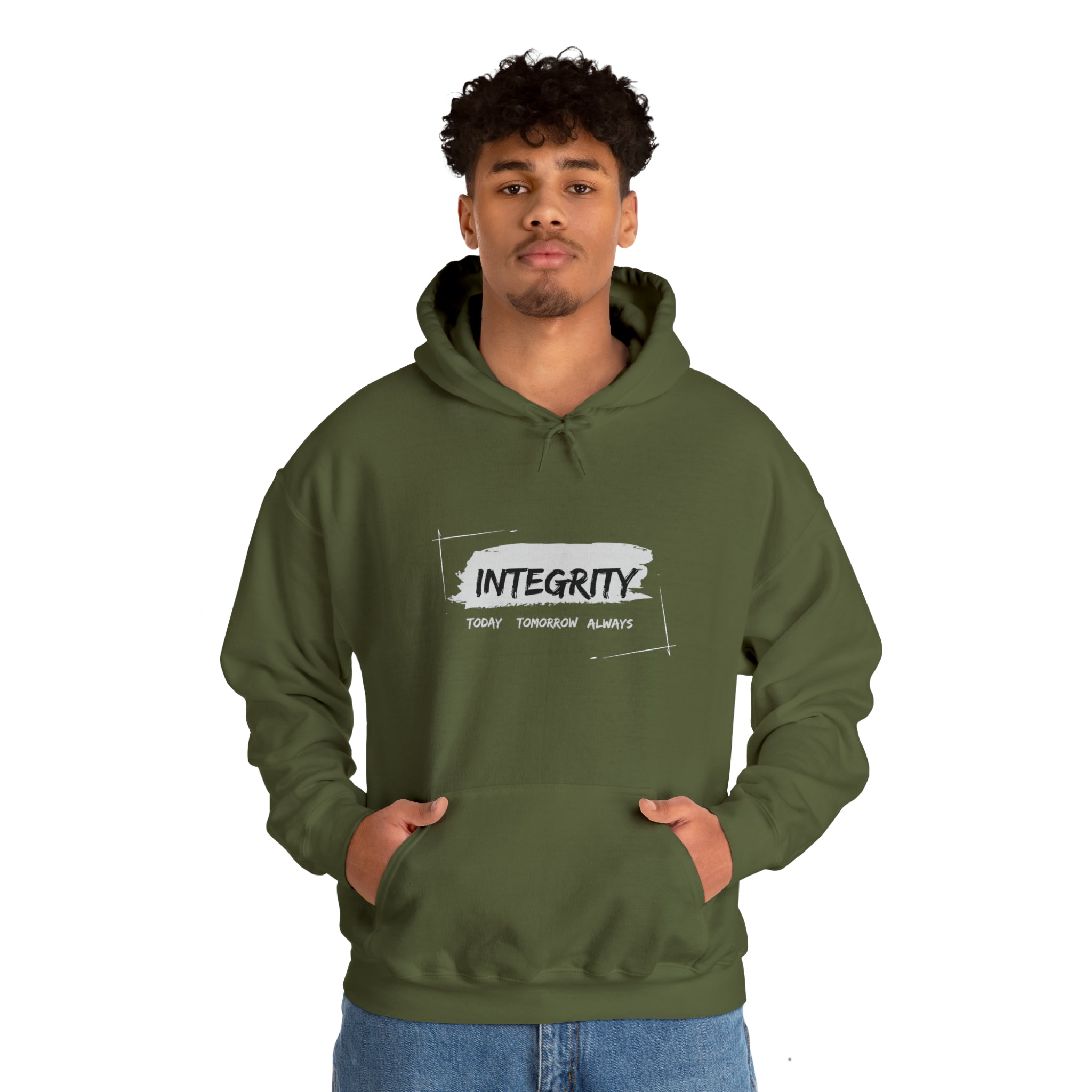Adult male wearing Unisex military green hoodie " Integrity Today Tomorrow Always" inspired image.