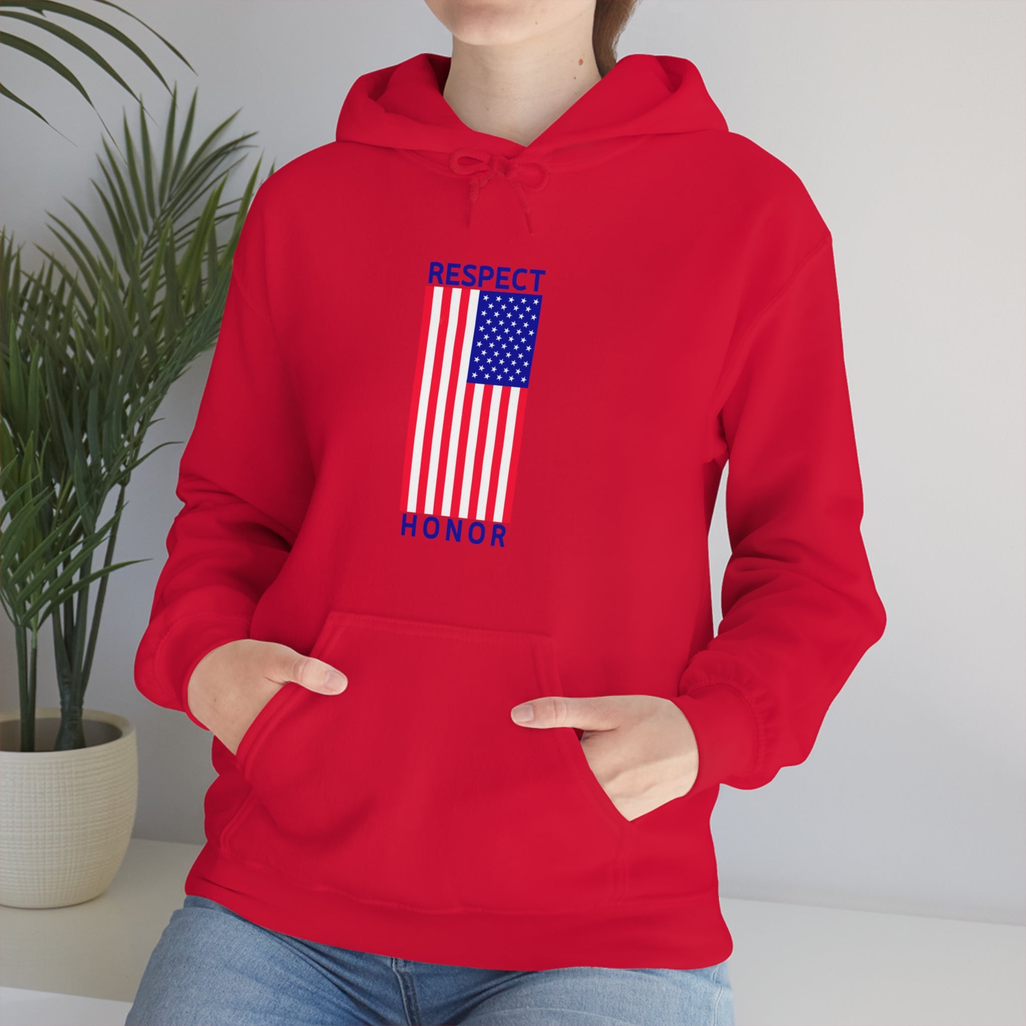 Adult female front view wearing red hoodie with "Respect Honor" Inspired Classic American Flag on front.