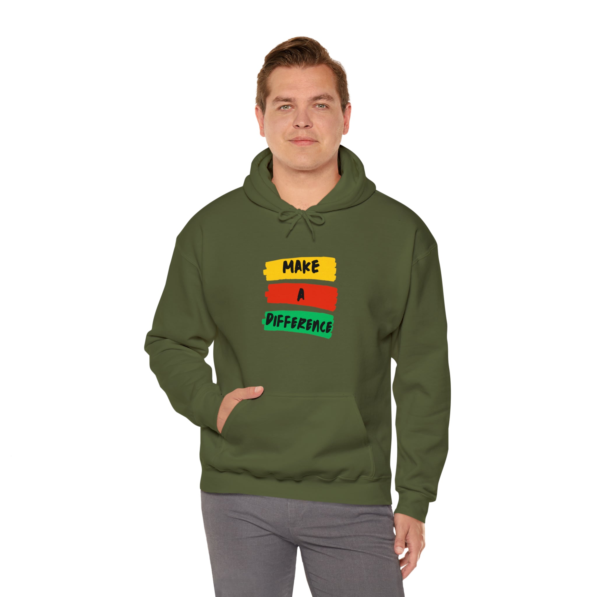 Adult Male wearing military green hoodie " Make A Difference" inspired images.