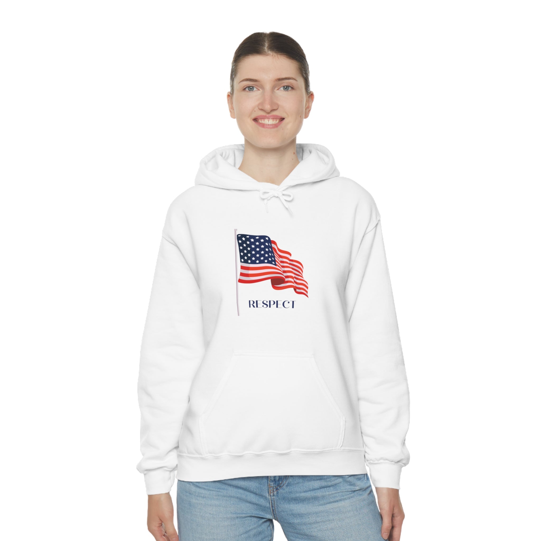 Adult female wearing white hoodie with "Respect" inspired American Flag on front.