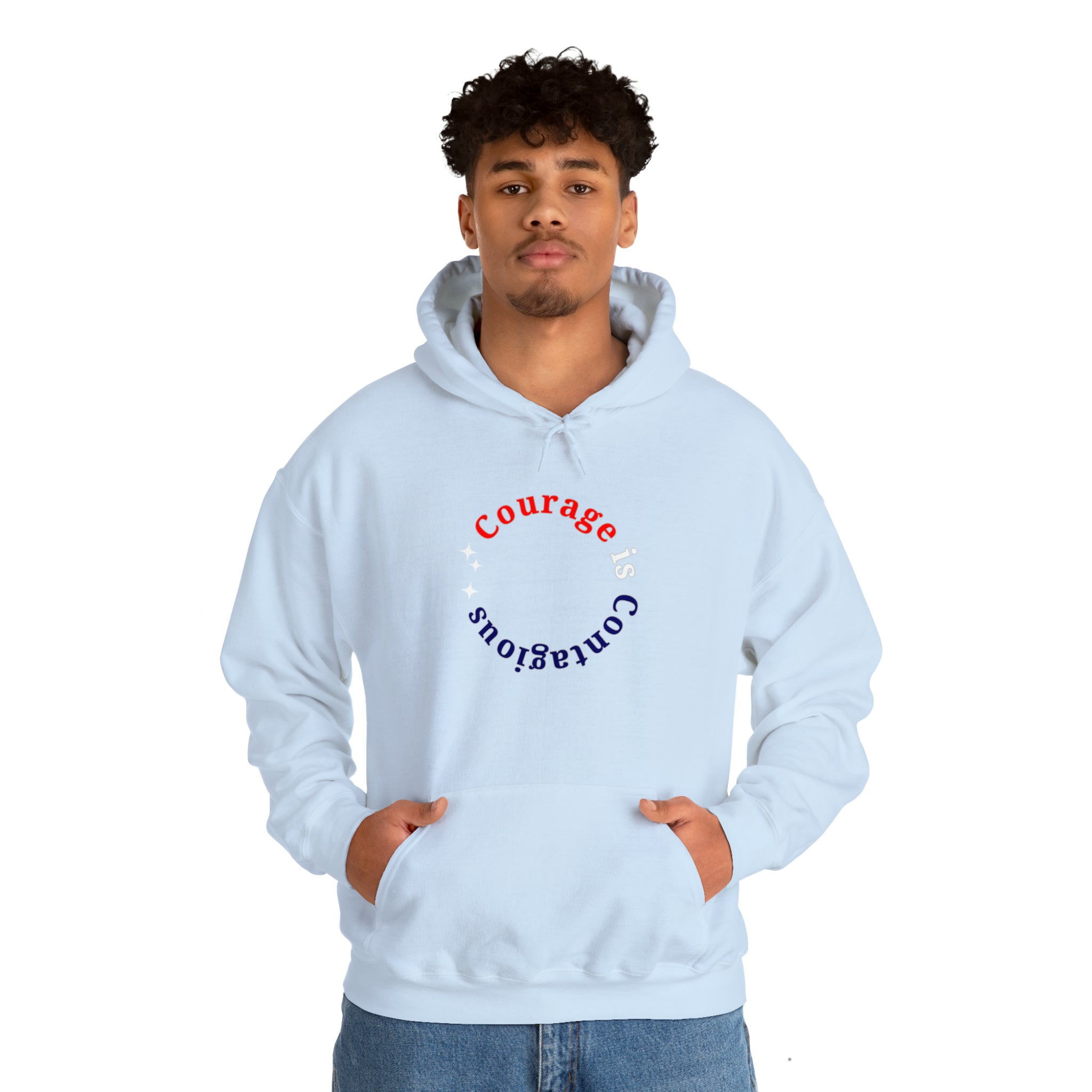 Adult man wearing light blue hoodie " Courage is Contagious" inspired message on front.