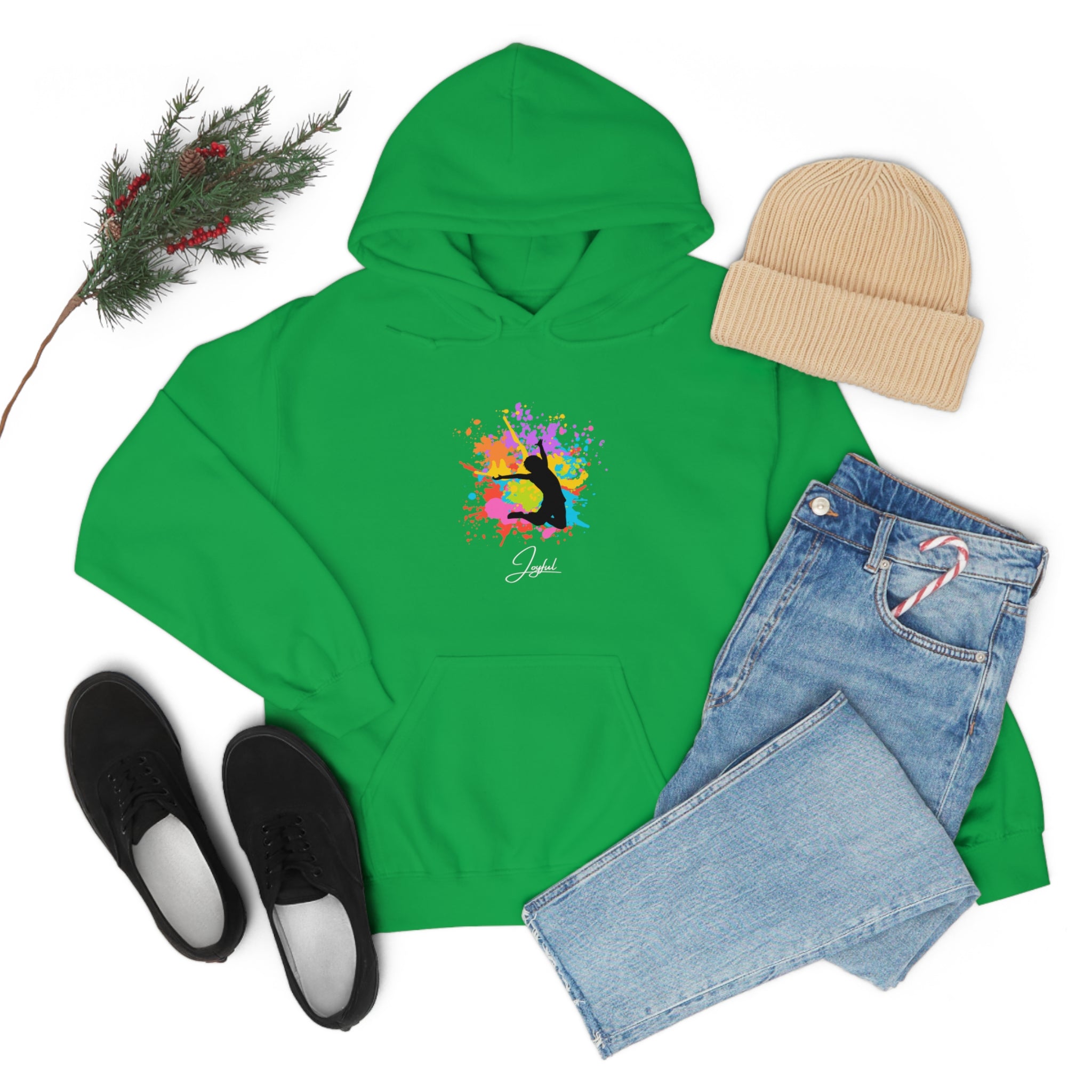 Adult outfit display with Irish green hoodie with "Joyful " graphic on front, black shoes, blue jeans, tan hat .