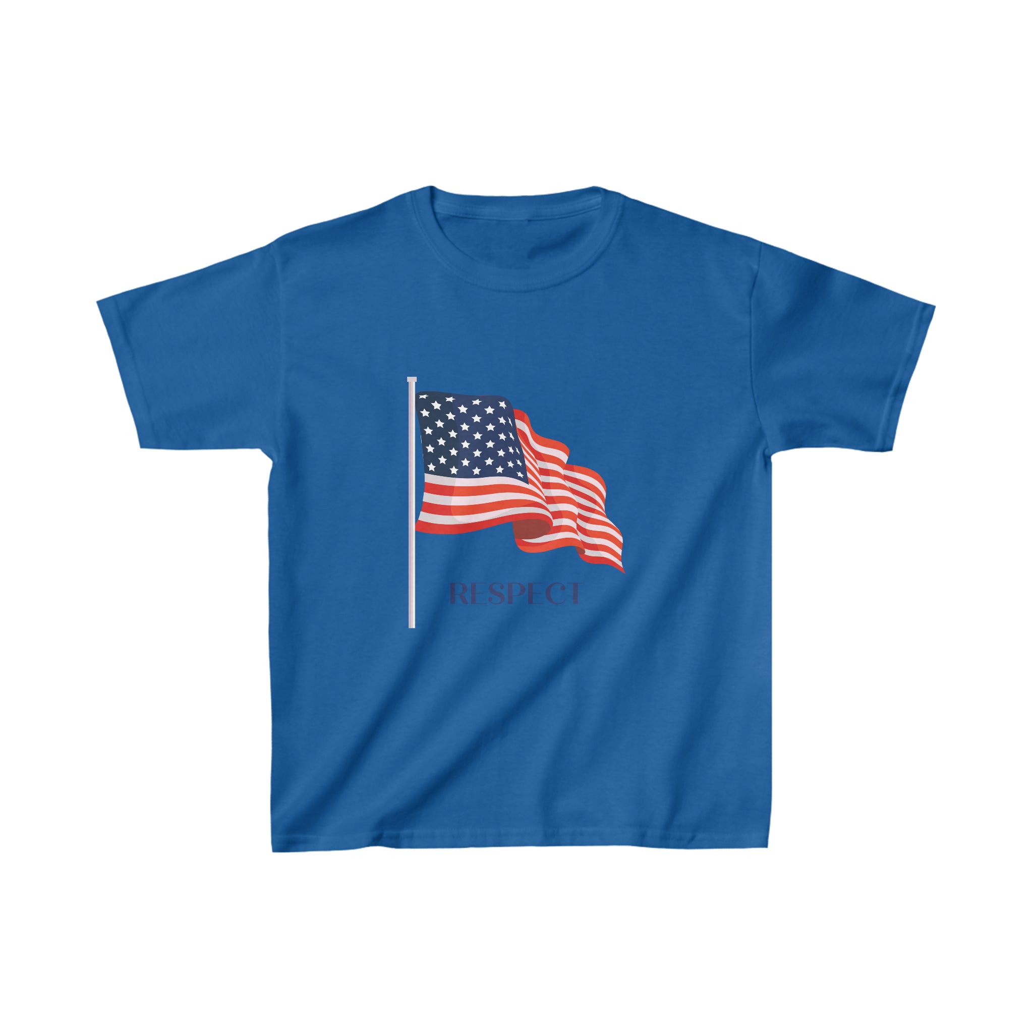 Youth unisex royal T-Shirt with "Respect" inspired American Flag on front.