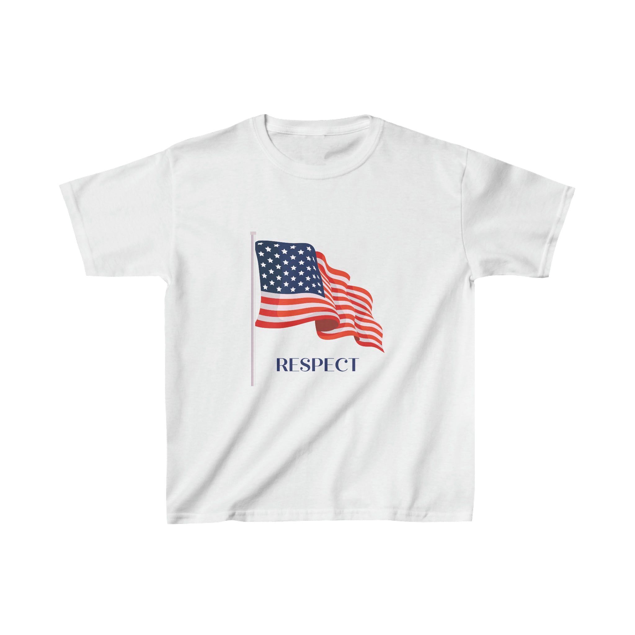 Youth unisex white T-Shirt with "Respect" inspired American Flag on front.