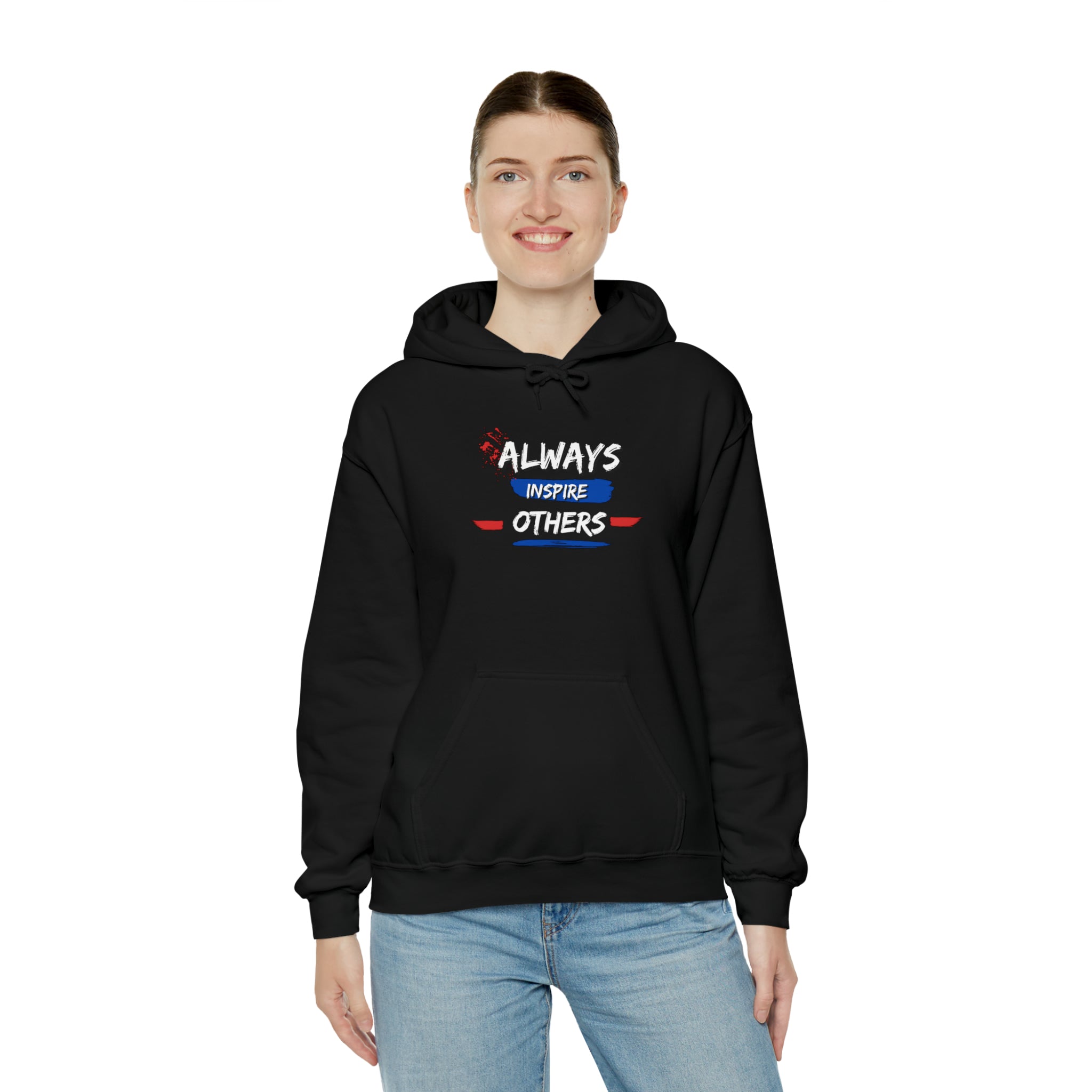 Adult female wearing black  hoodie with "Always Inspire Others"ational image on front.