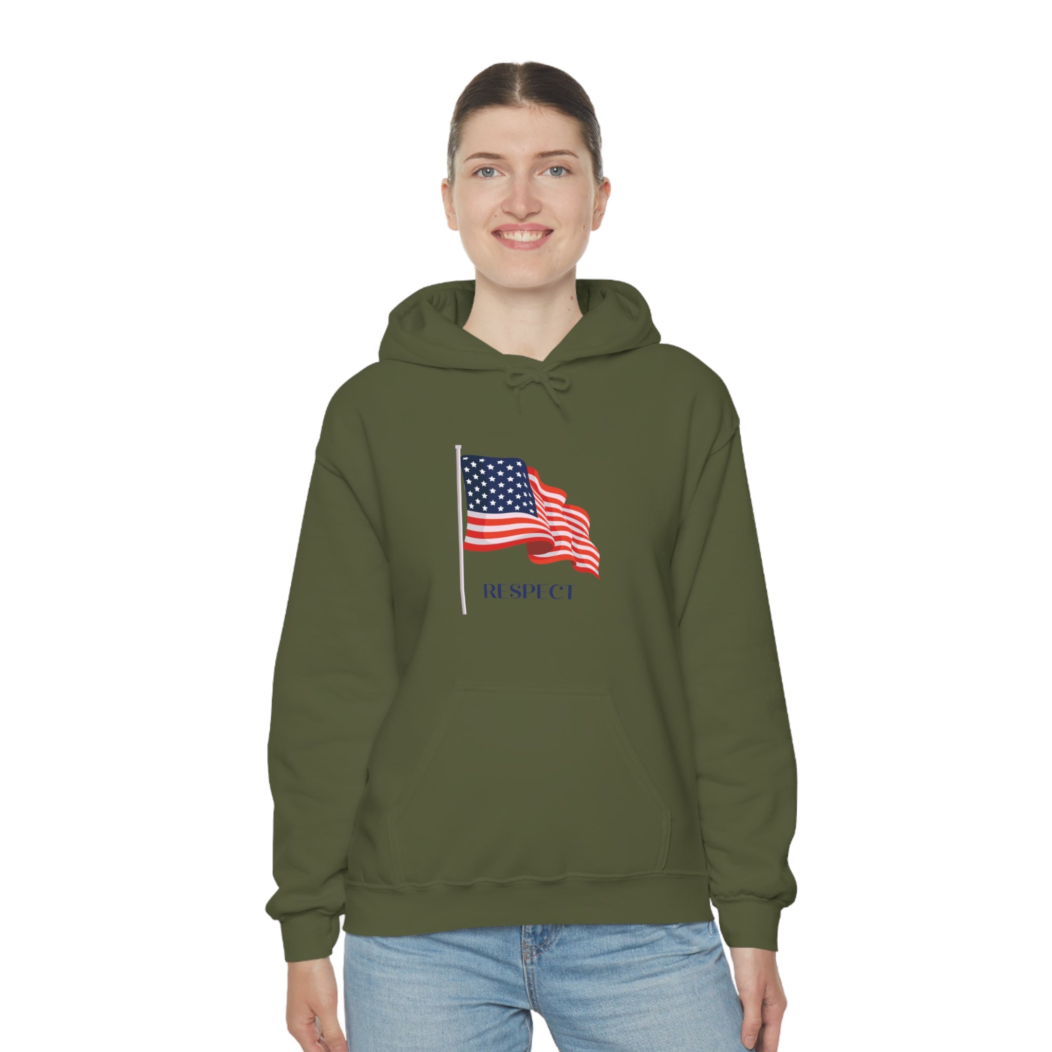 Adult female wearing  military green hoodie with "Respect" inspired American Flag on front.