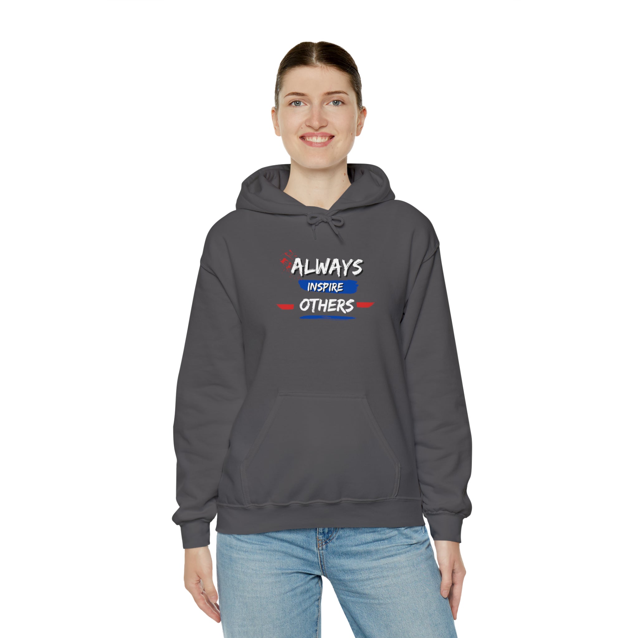 Adult female wearing charcoal hoodie with "Always Inspire Others"ational image on front.