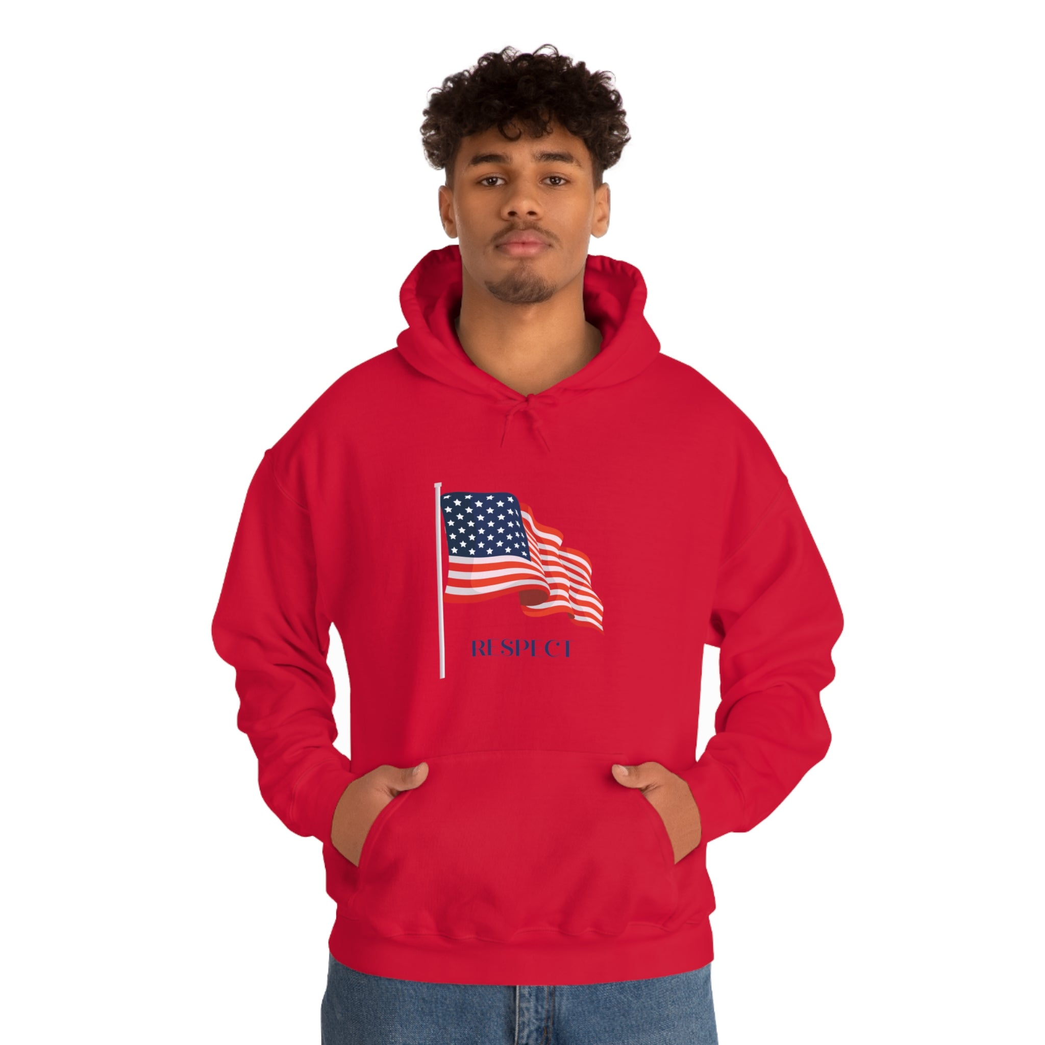 Adult male wearing red hoodie with "Respect" inspired American Flag on front.