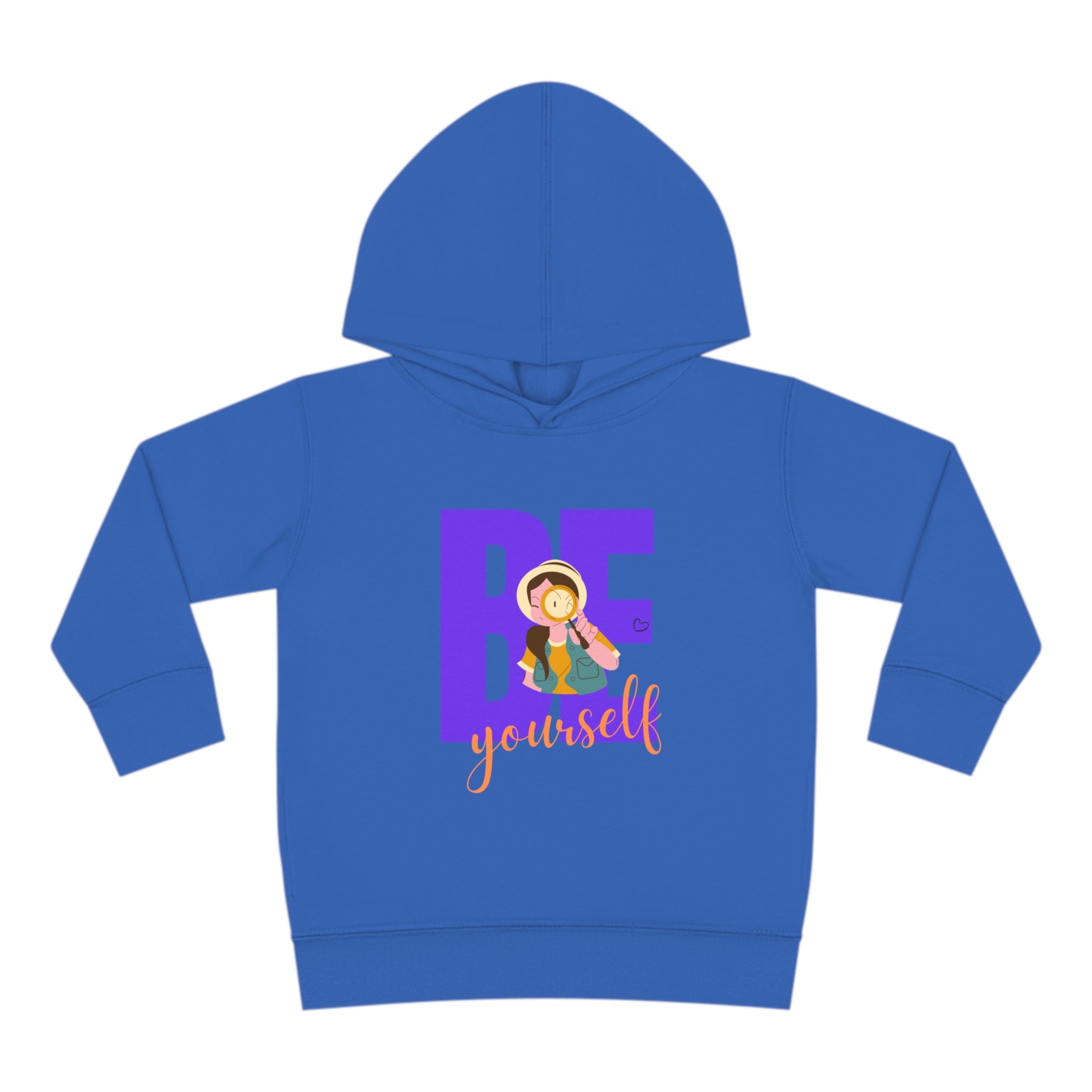 Toddler girls vintage royal blue hoodie with "Be Yourself" motivational image on front.