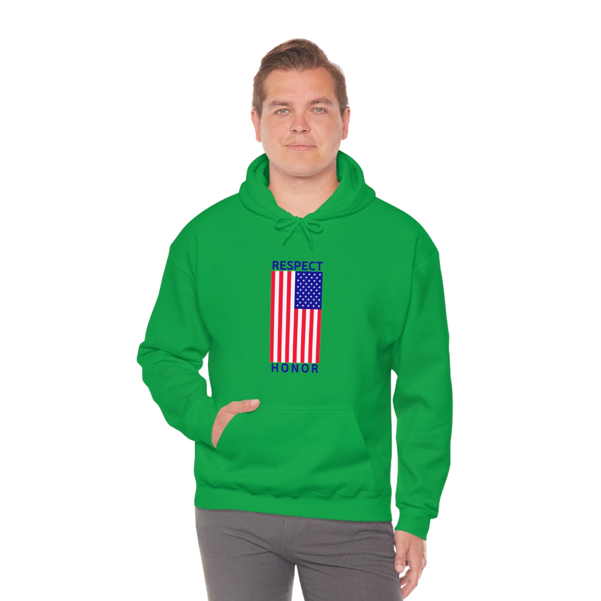 Adult man wearing irish green hoodie with "Respect Honor" Inspired Classic American Flag on front.