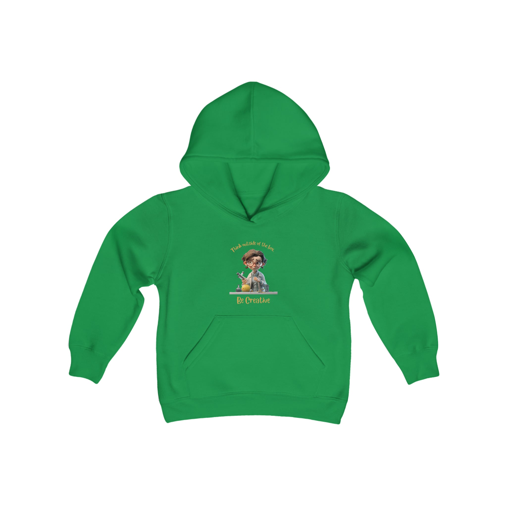 Youth unisex irish green hoodie with " Think outside of the box Be Creative" inspired graphic.