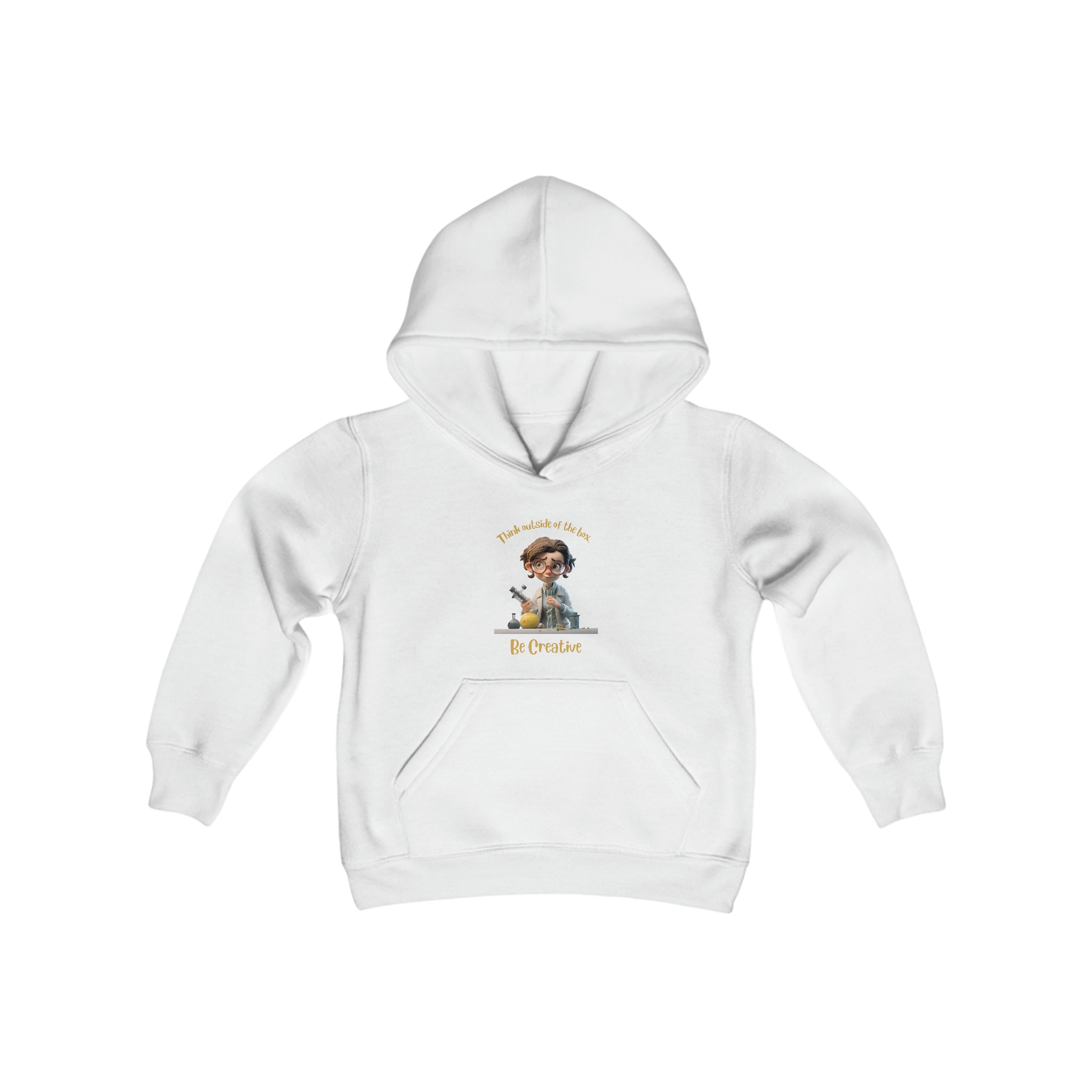 Youth unisex white hoodie with " Think outside of the box Be Creative" inspired graphic.