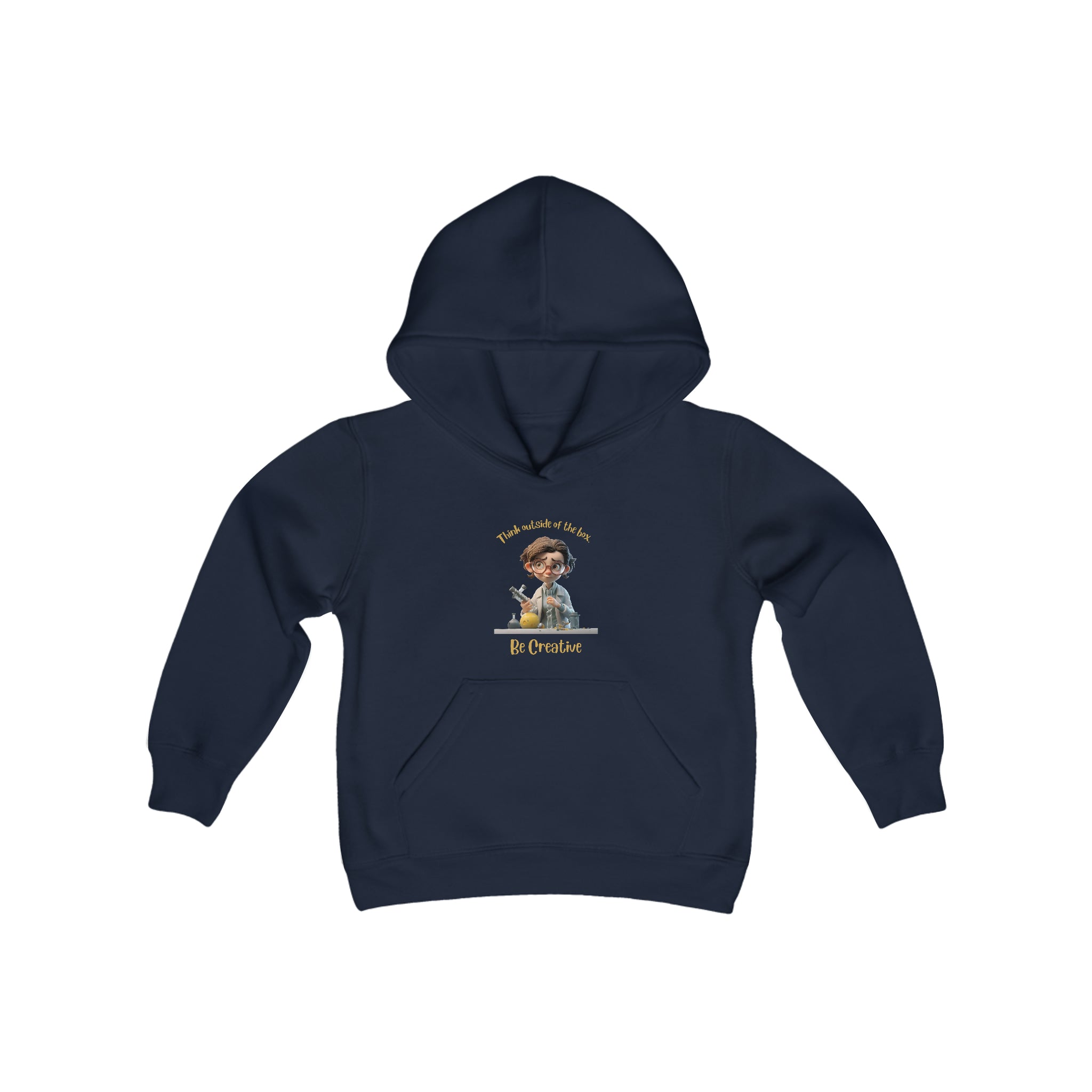 Youth unisex navy hoodie with " Think outside of the box Be Creative" inspired graphic.
