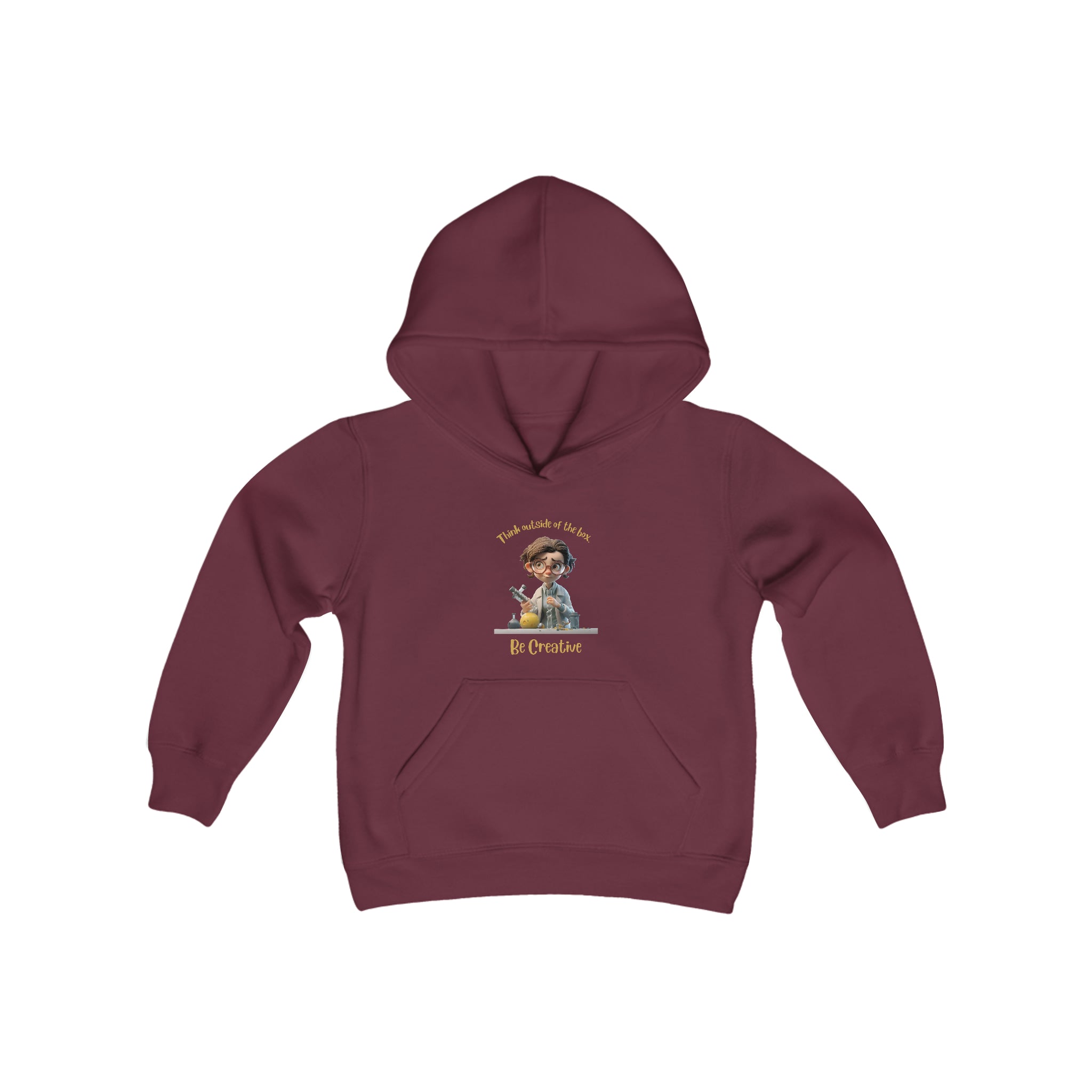Youth unisex maroon hoodie with " Think outside of the box Be Creative" inspired graphic.