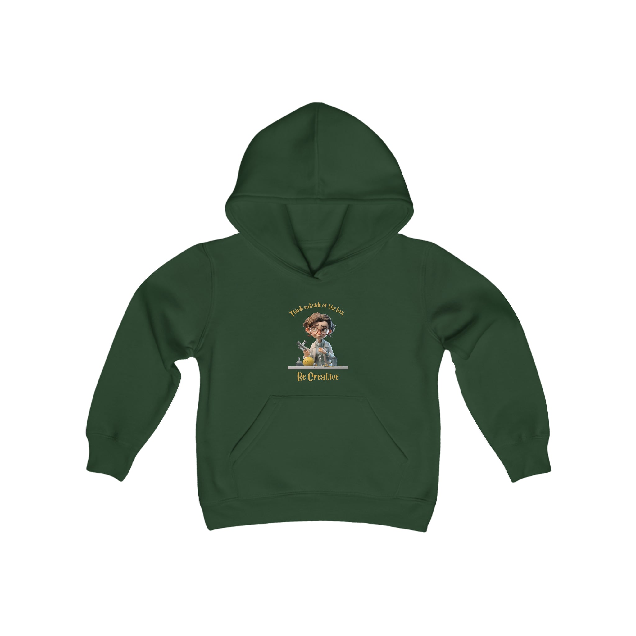Youth unisex forest green  hoodie with " Think outside of the box Be Creative" inspired graphic.