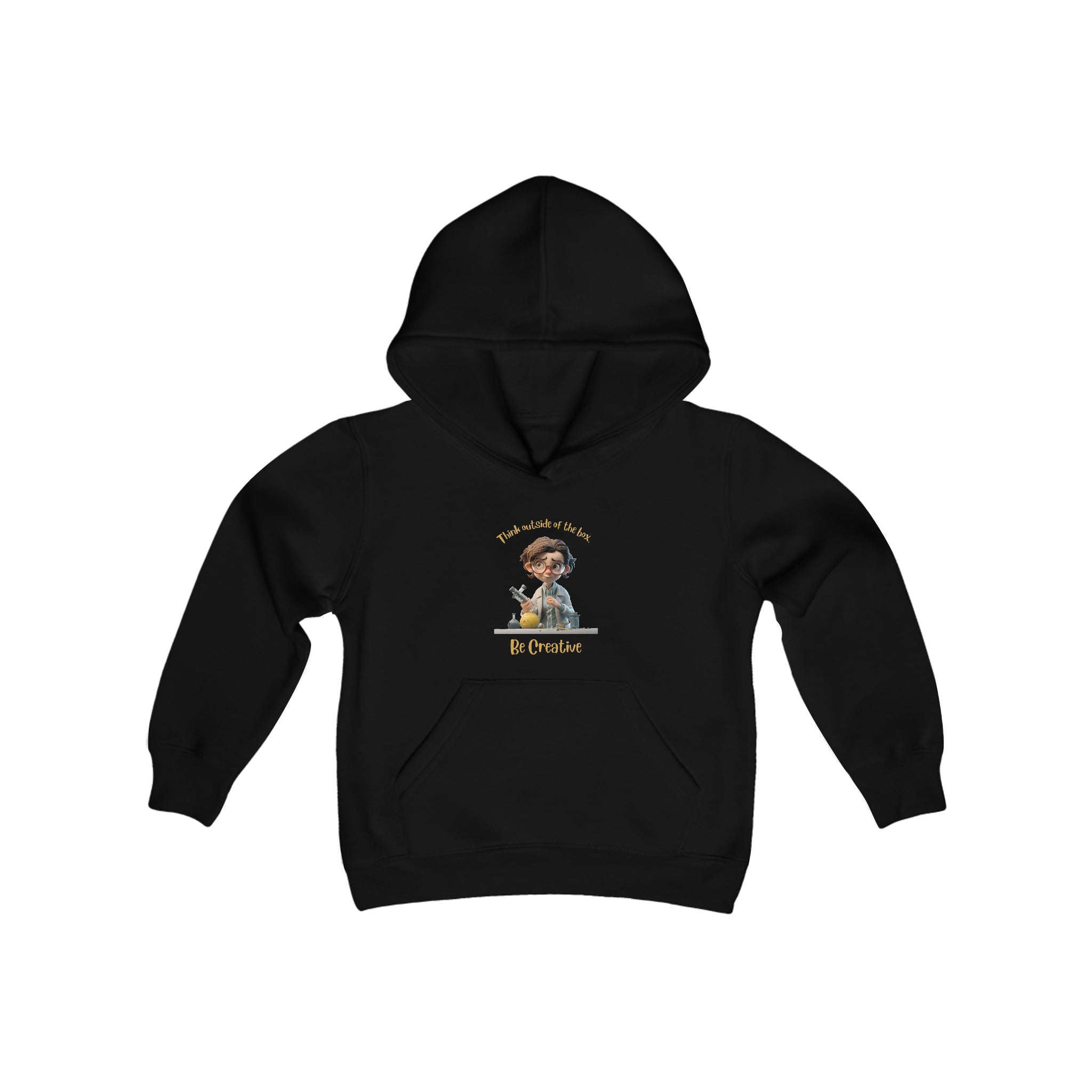 Youth unisex black hoodie with " Think outside of the box Be Creative" inspired graphic.