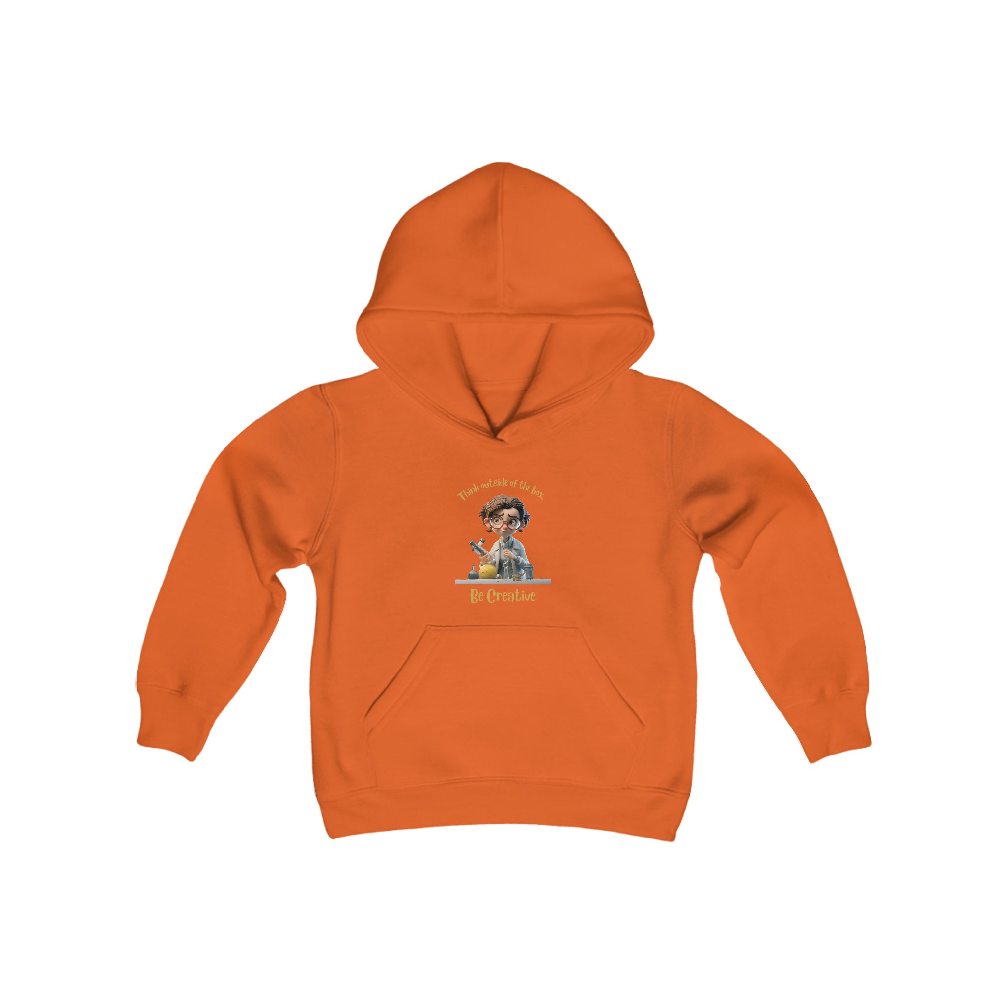 Youth unisex orange  hoodie with " Think outside of the box Be Creative" inspired graphic.