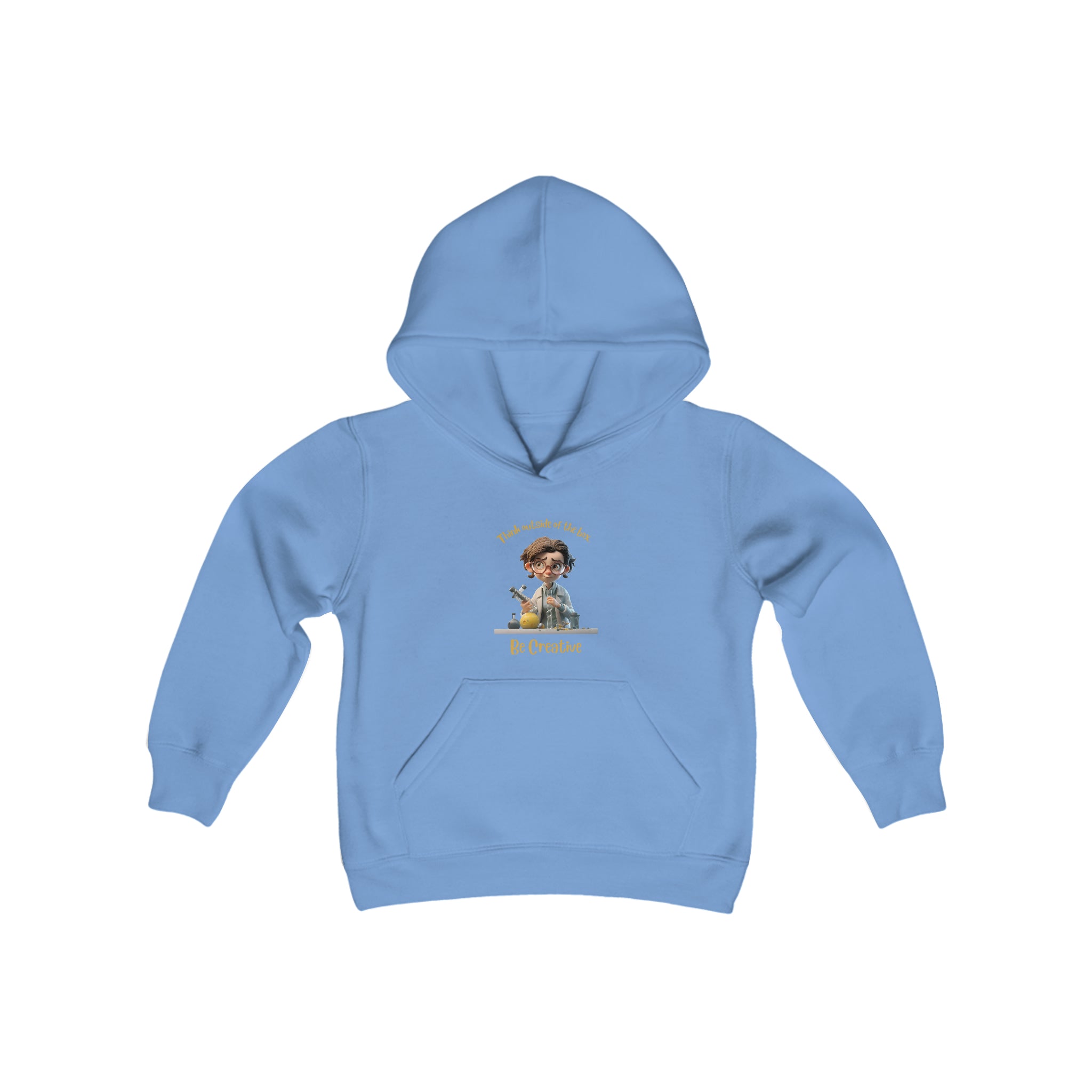Youth unisex carolina blue hoodie with " Think outside of the box Be Creative" inspired graphic.