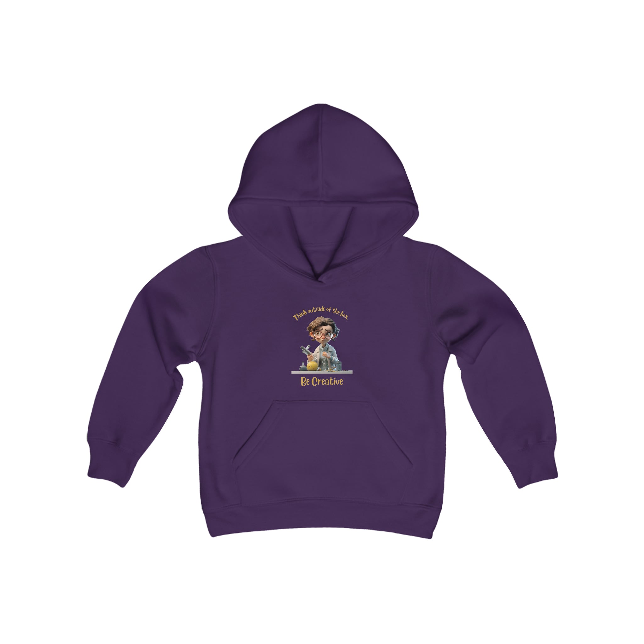 Youth unisex purple hoodie with " Think outside of the box Be Creative" inspired graphic.