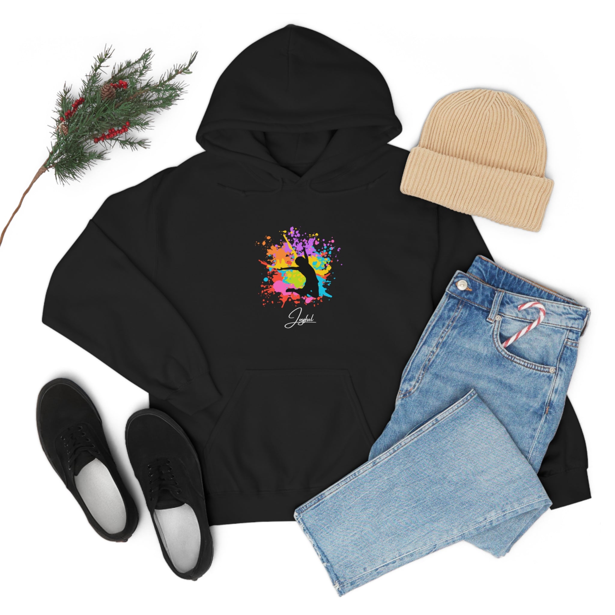 Adult outfit with black hoodie with "Joyful " graphic on front, black shoes, blue jeans, tan hat display